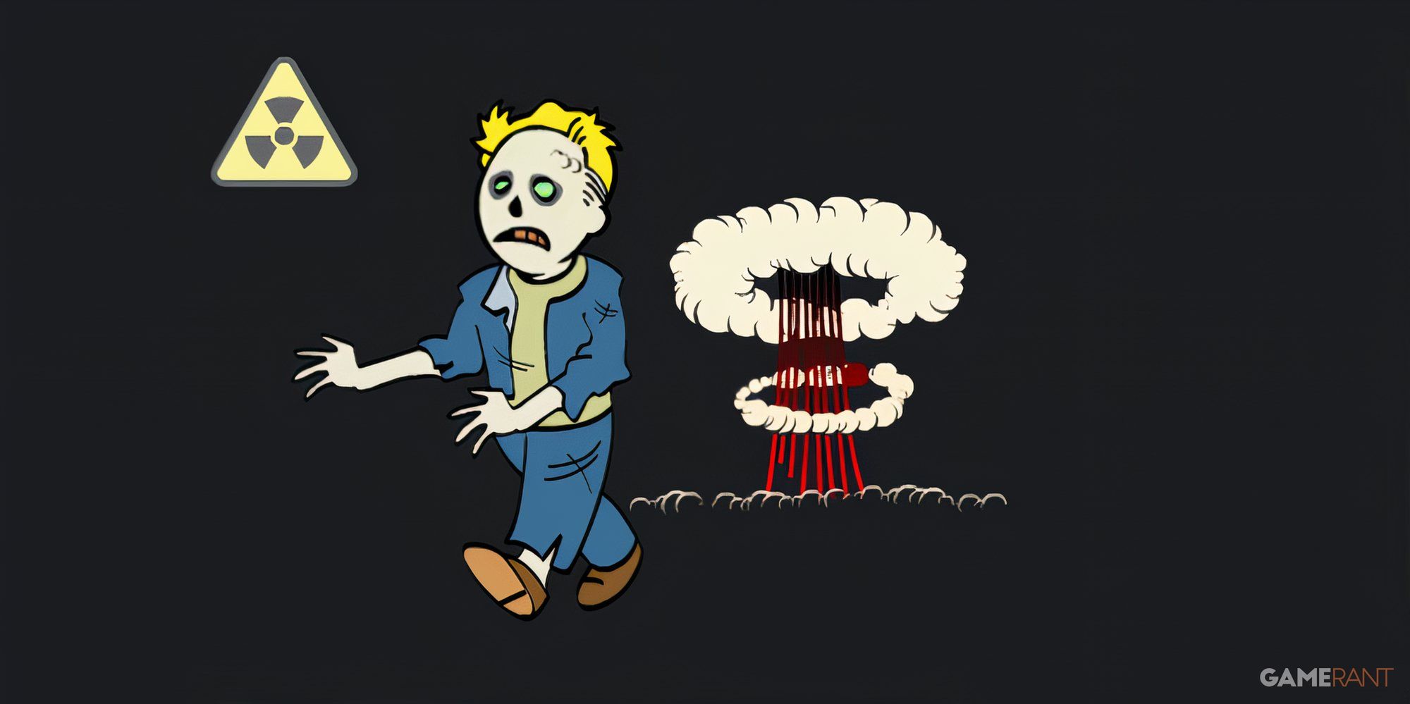 Vault Boy, turned into a ghoul, walks away from a mushroom cloud