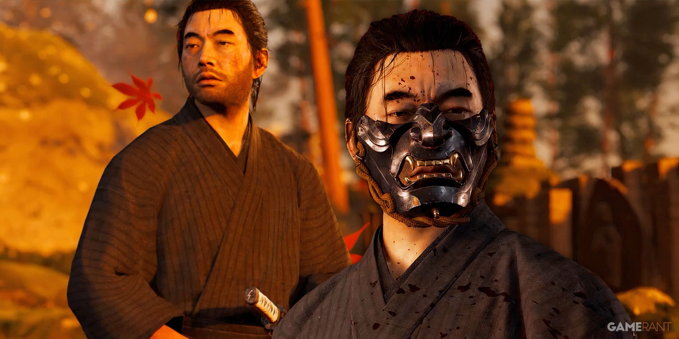 Jin Sakai wearing the Ghost mask from Ghost of Tsushima