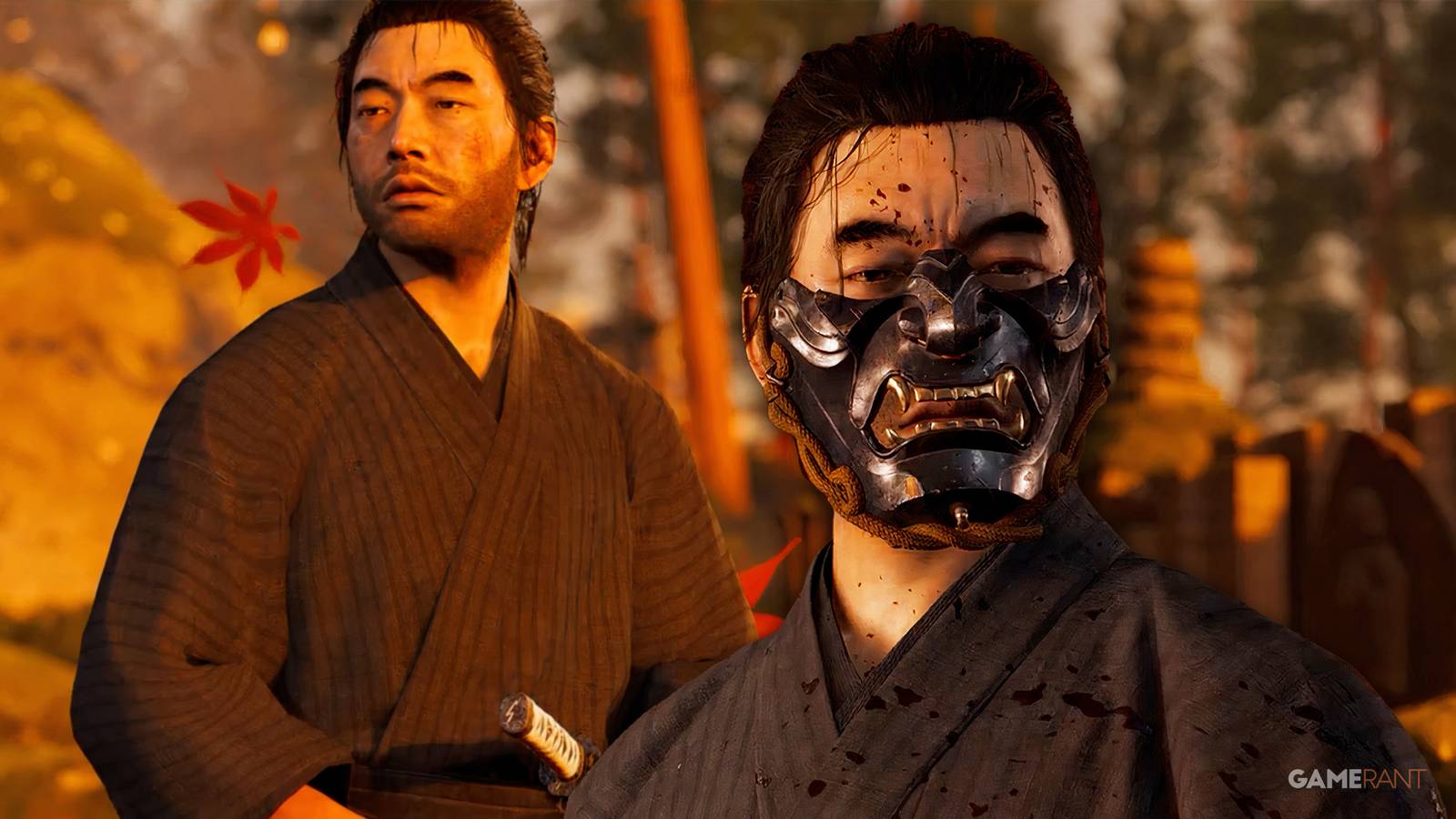 Jin Sakai wearing the Ghost mask from Ghost of Tsushima