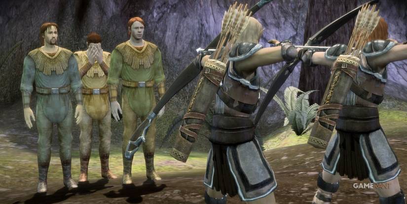 Mahariel and Tamlen confront shemlen in the Dalish Elf origin in Dragon Age Origins