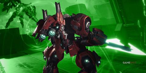 Mecha Break promo screenshot red mech with Xbox green background swap