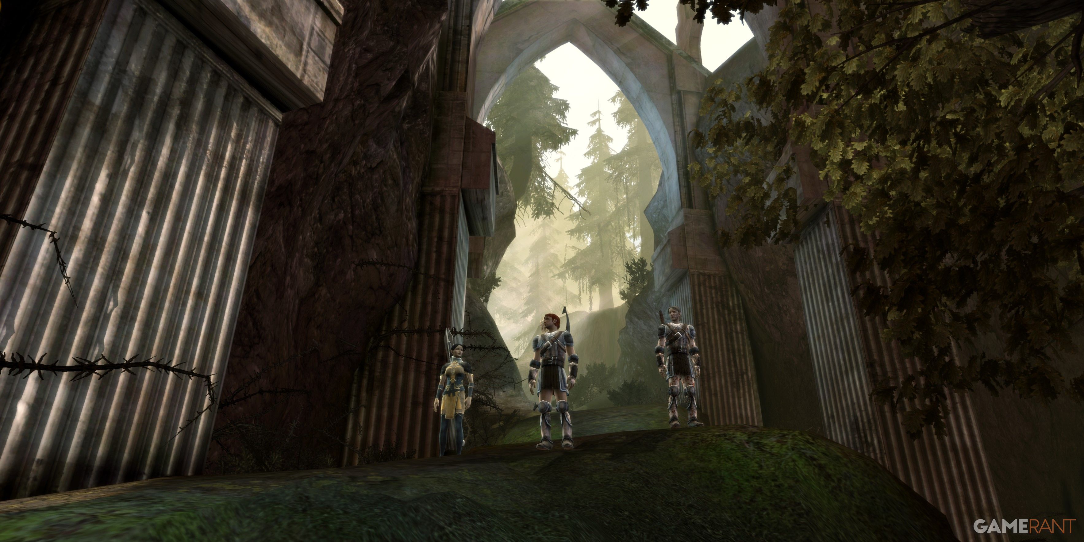 Merrill, Mahariel, and Fenarel at the Elvhen ruins in the Dalish Elf origin in Dragon Age Origins