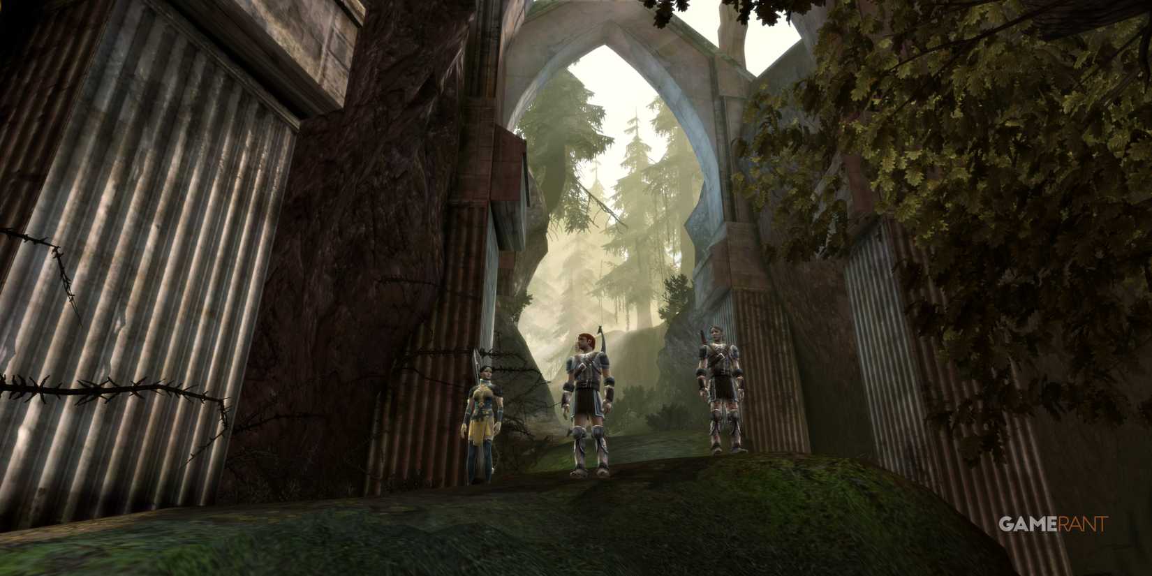 Merrill, Mahariel, and Fenarel at the Elvhen ruins in the Dalish Elf origin in Dragon Age Origins