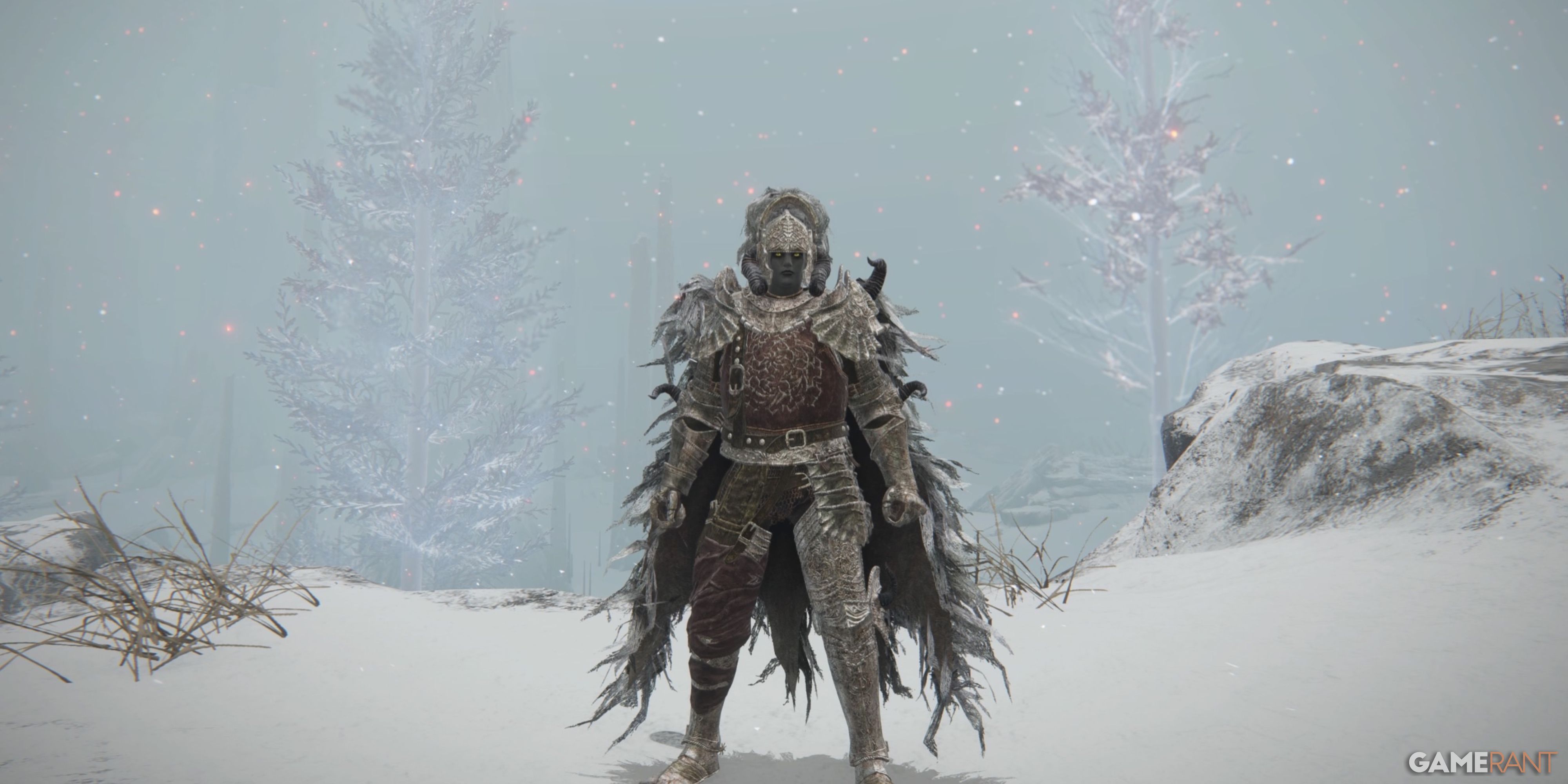 Elden Ring: 10 Best Armor For Poise Builds Character standing in a snowy landscape wearing the veteran's armor