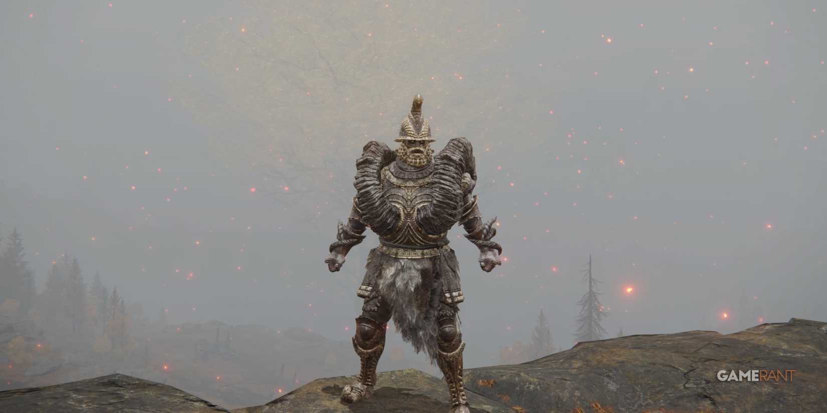 Character standing on a cliff edge wearing bull-goat armor in Elden Ring