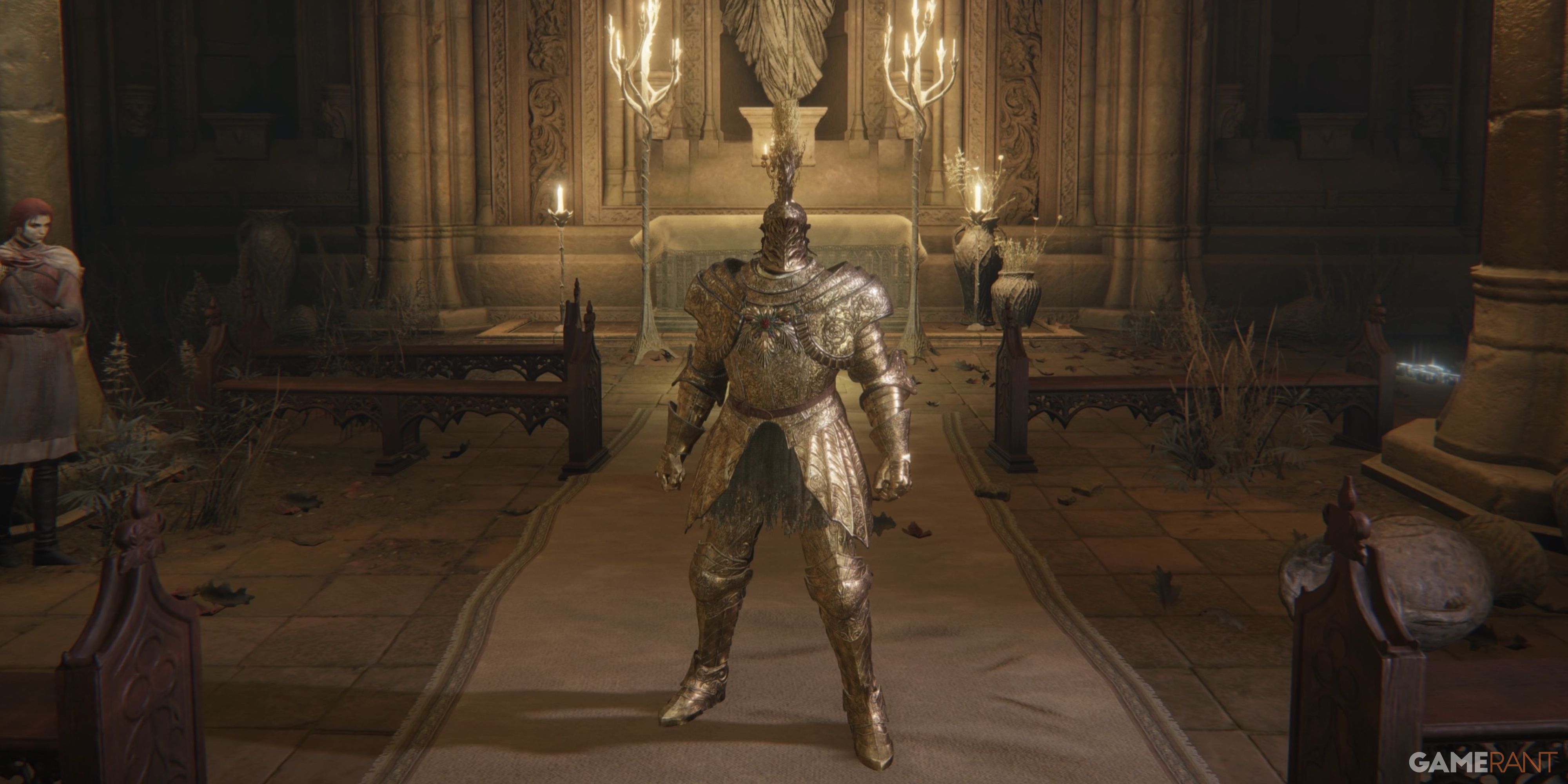 Elden Ring: 10 Best Armor For Poise Builds Character standing in a chapel wearing tree sentinel armor set