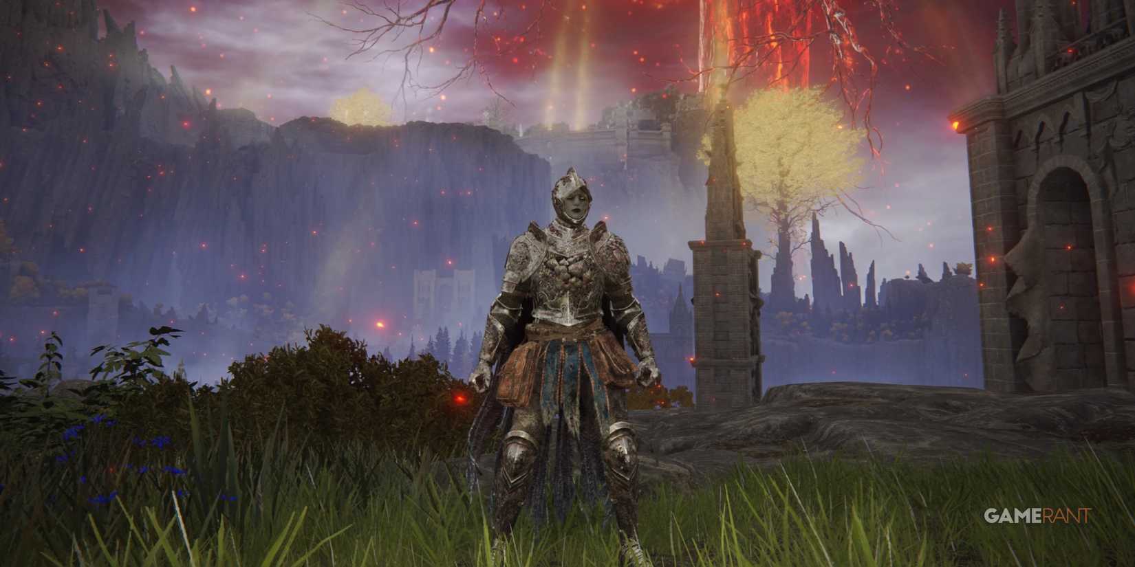 Elden Ring: 10 Best Armor For Poise Builds character wearing scaled armor with a view of a golden tree behind