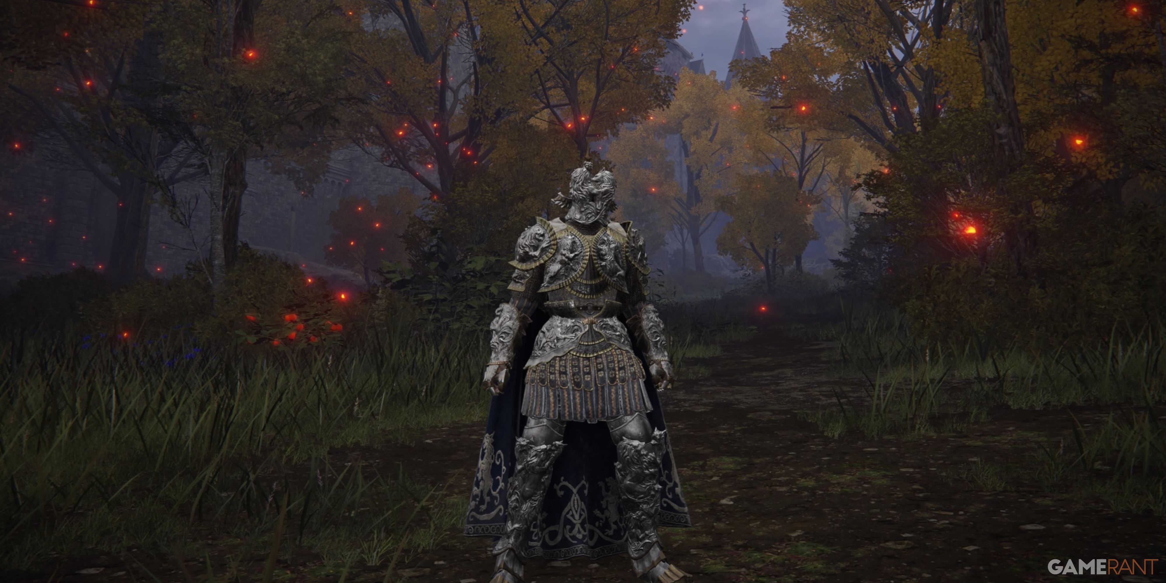 Elden Ring character standing in a forest with the beast champion armor