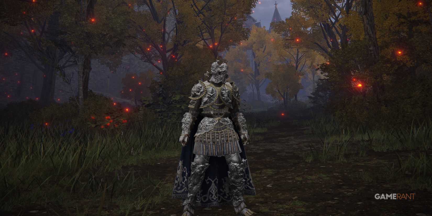 Elden Ring character standing in a forest with the beast champion armor