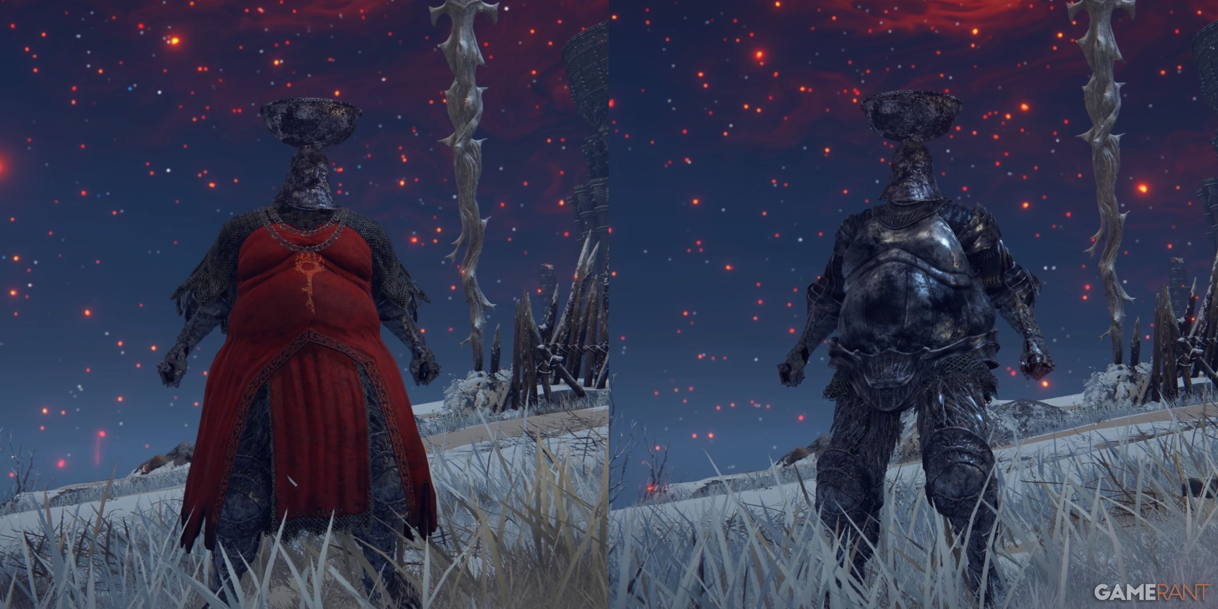 Two version of the fire prelate armor set in Elden Ring