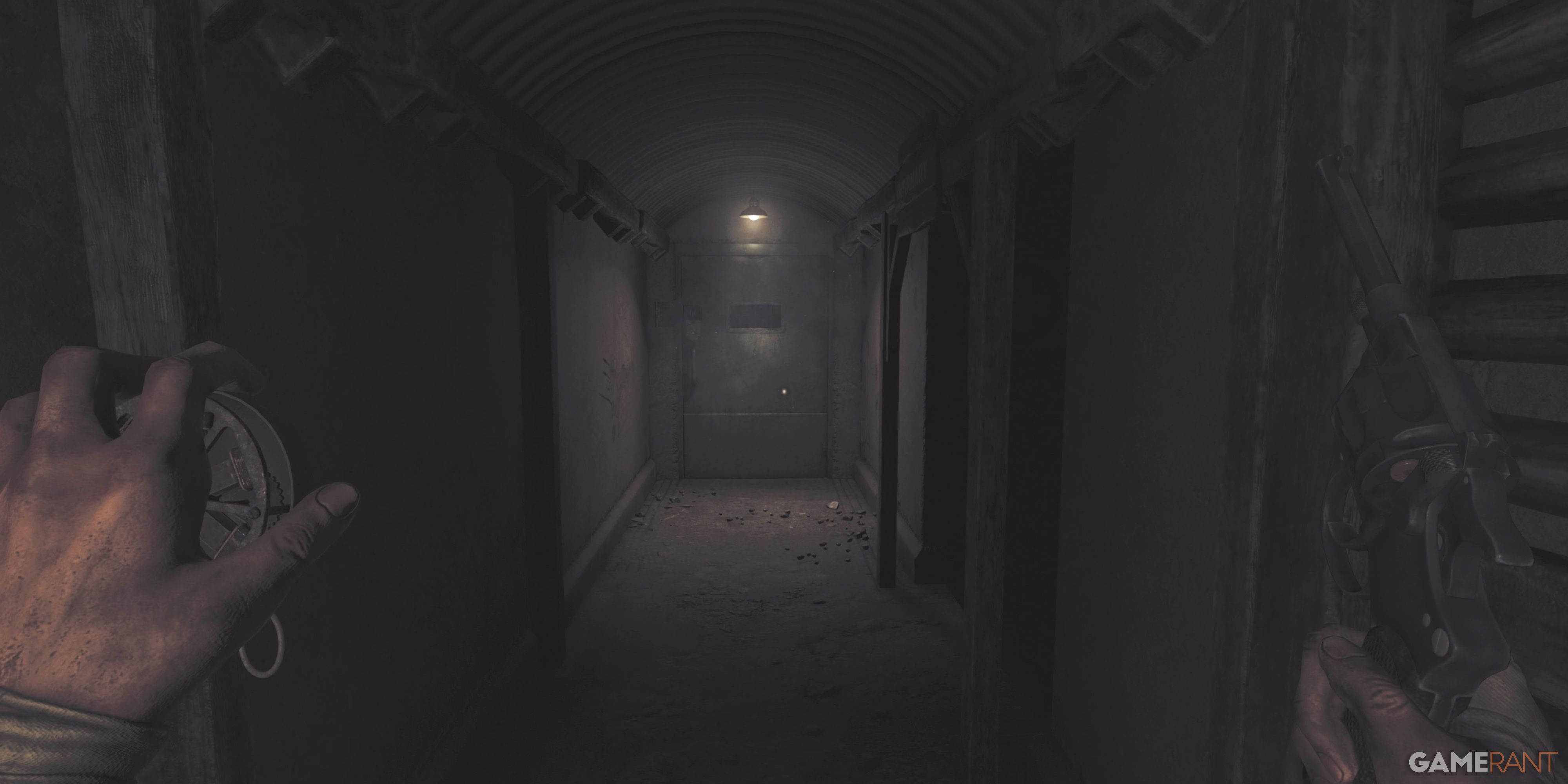 6 Horror Games Set Within A Warzone A man holds a small light and gun in a dark bunker