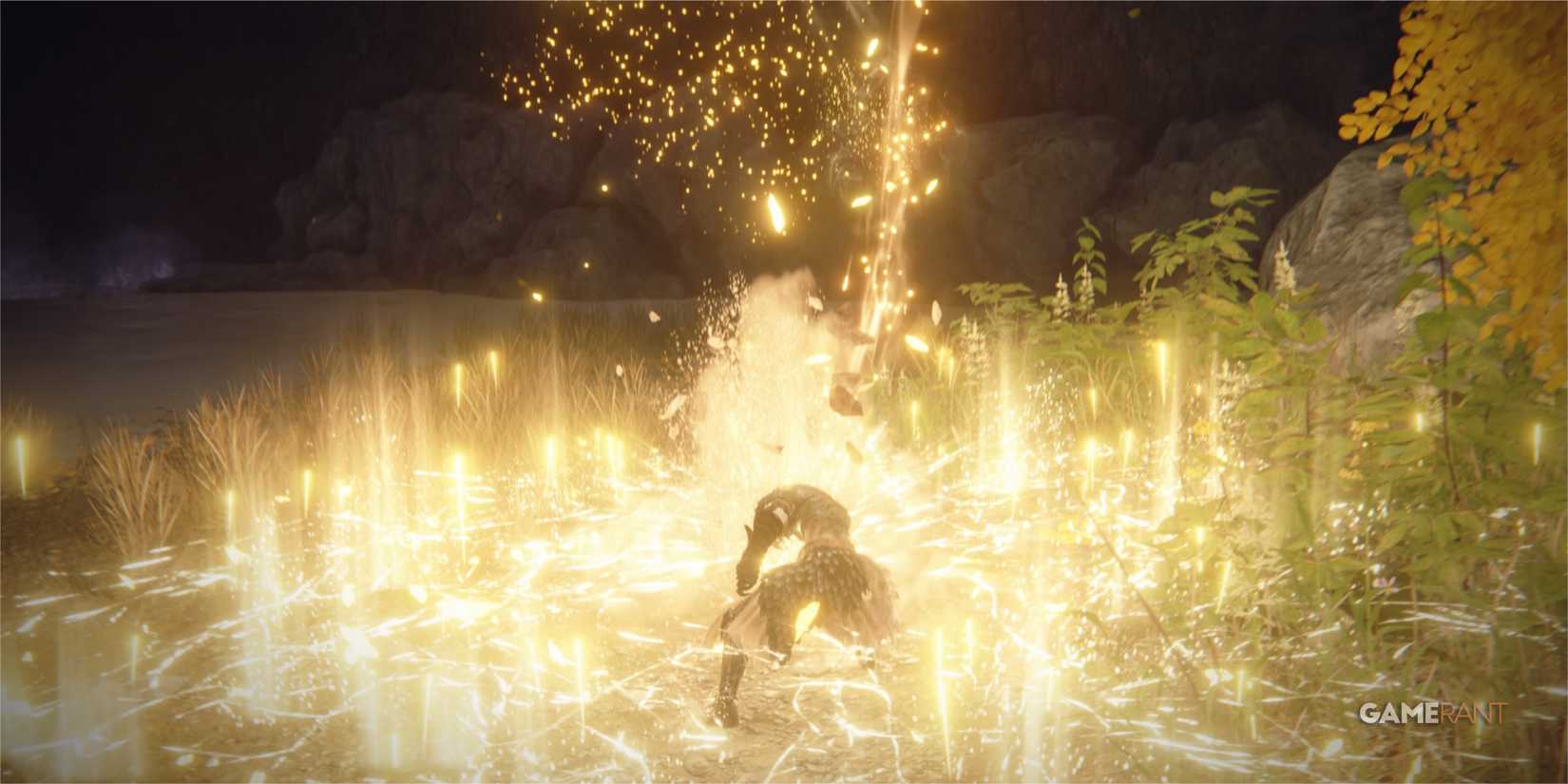 Elden Ring: 10 Best Unique Weapon Skills, Ranked Player slamming Marika's Hammer on the ground causing a gold AOE