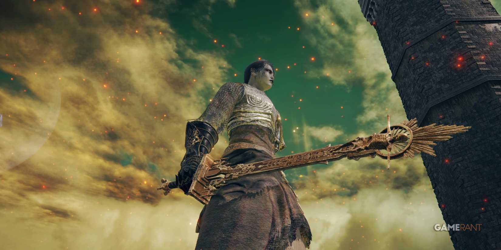 Elden Ring player holding an ornate sword with a yellow sky behind