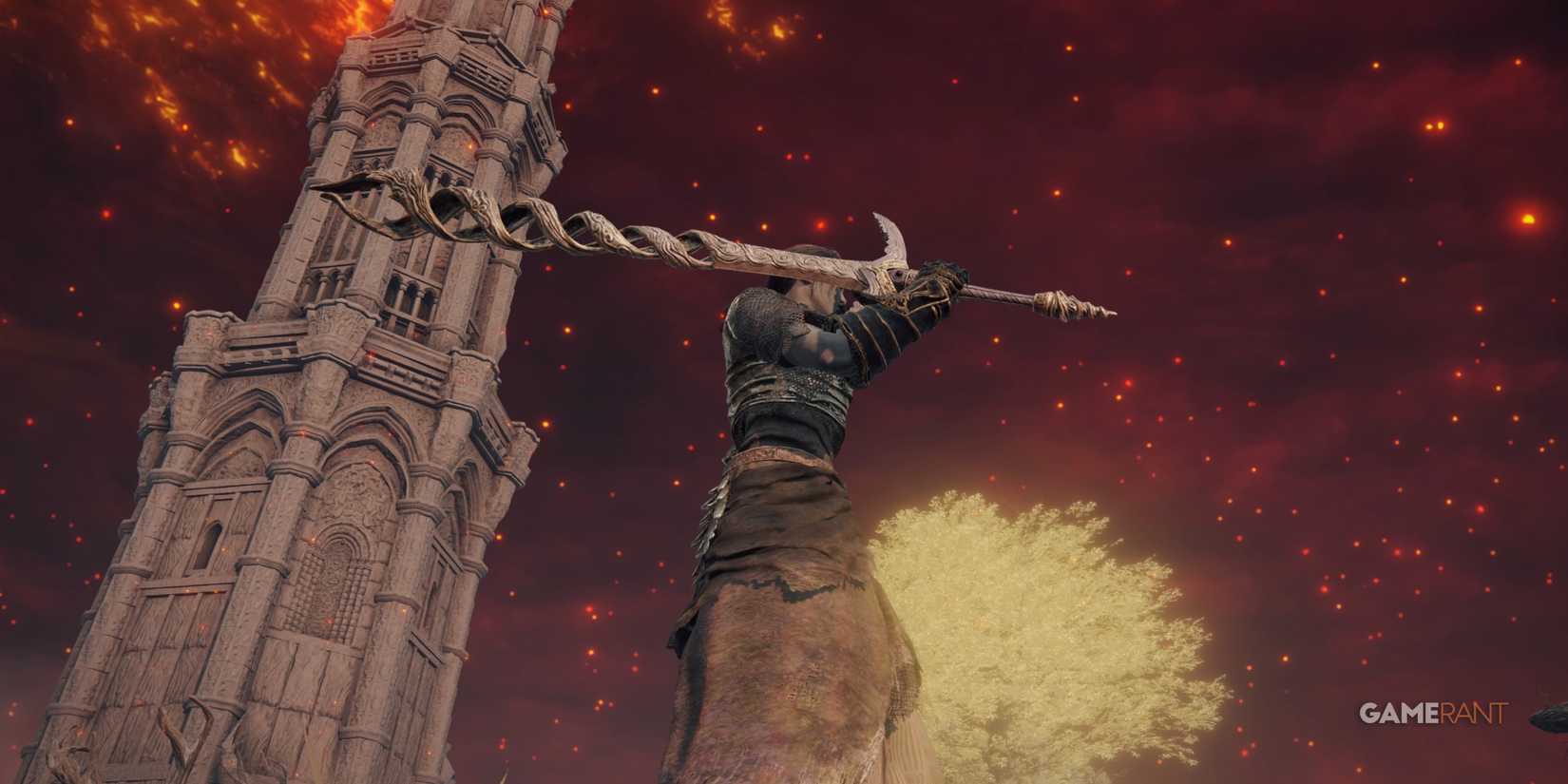 Elden Ring player holding the weapon of the gloom-eyed queen in caelid