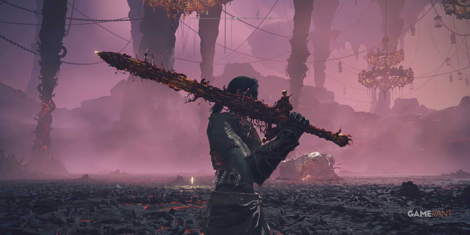 The blasphemous blade in Elden Ring with the remains of rykard being consumed by tanith in the background