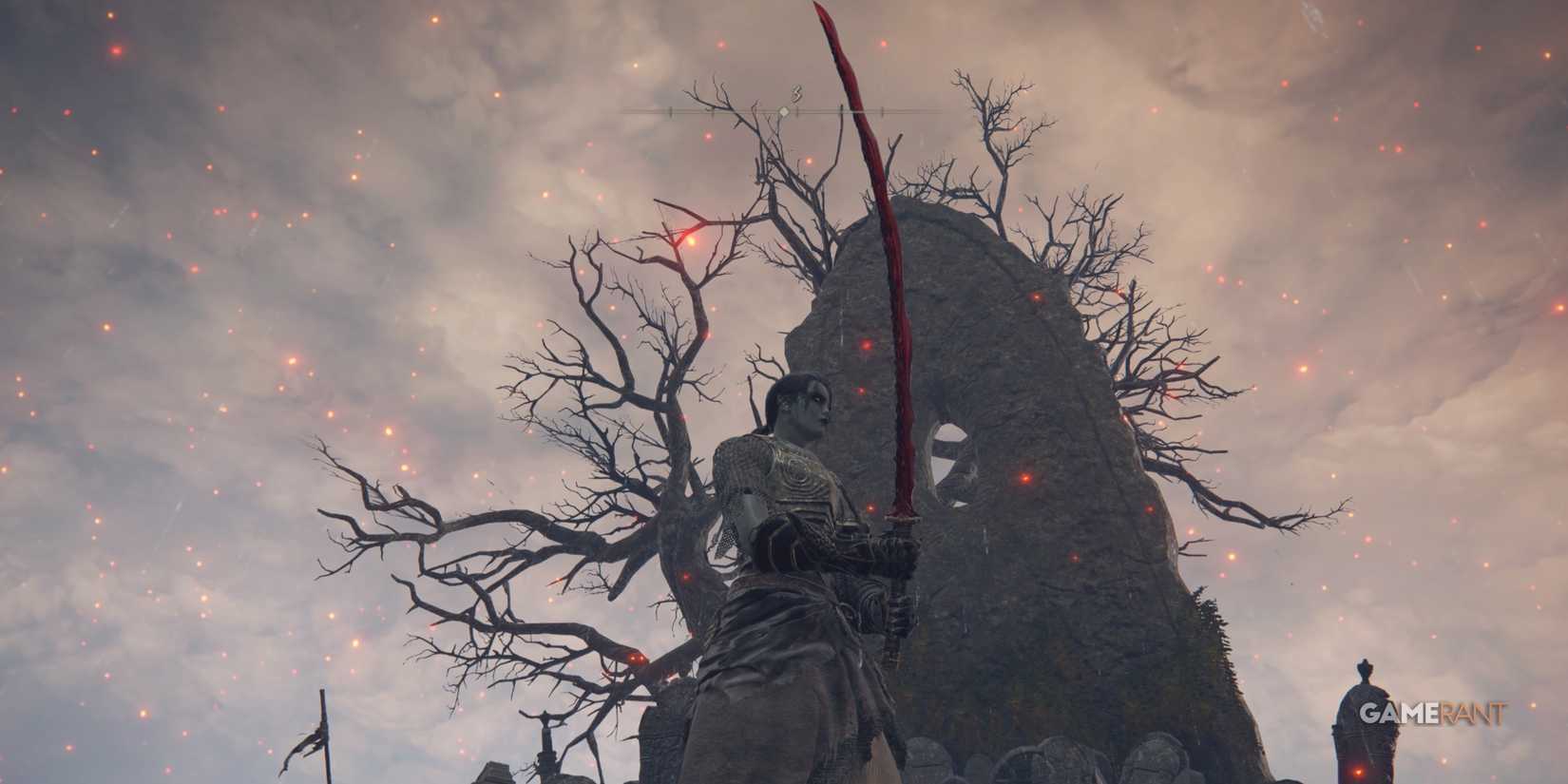 Elden Ring player two handing Rivers of blood at the end of Caste Morne