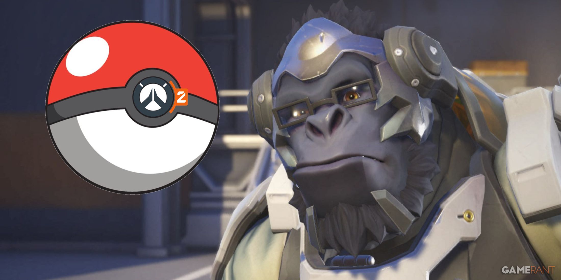 winston from Overwatch 2 with a pokeball and the ow2 logo on it