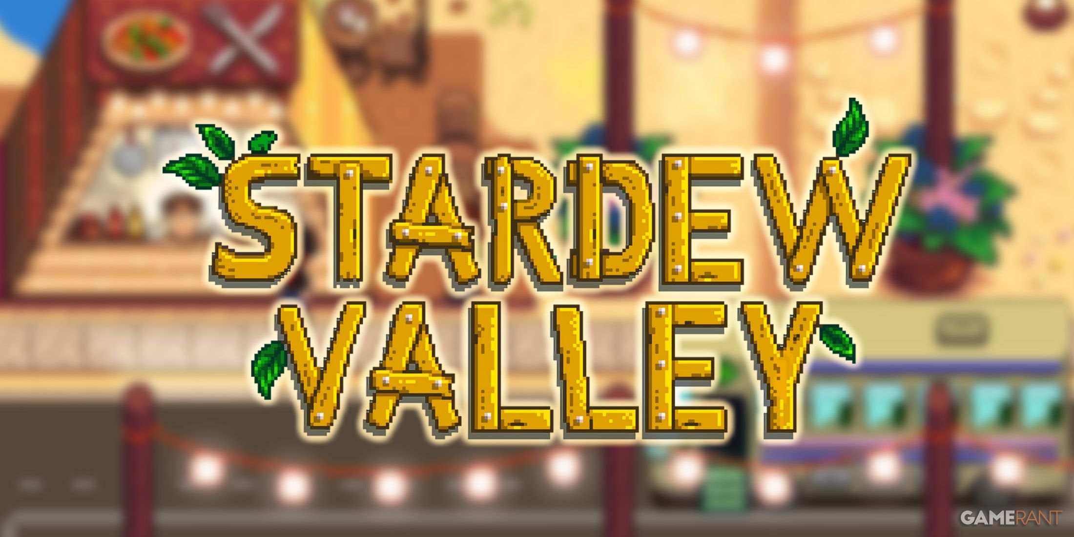 Stardew Valley glowing logo over blurred desert bus station screenshot