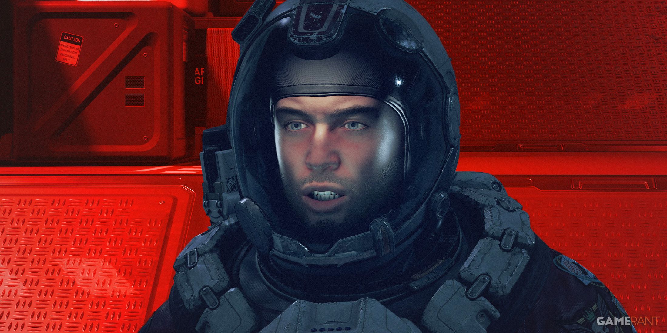 Starfield Sam Coe looking angry in a space suit red background edit