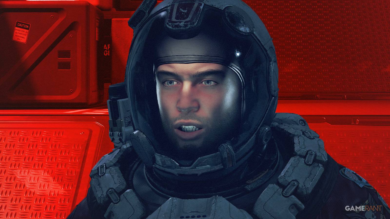 Starfield Sam Coe looking angry in a space suit red background edit