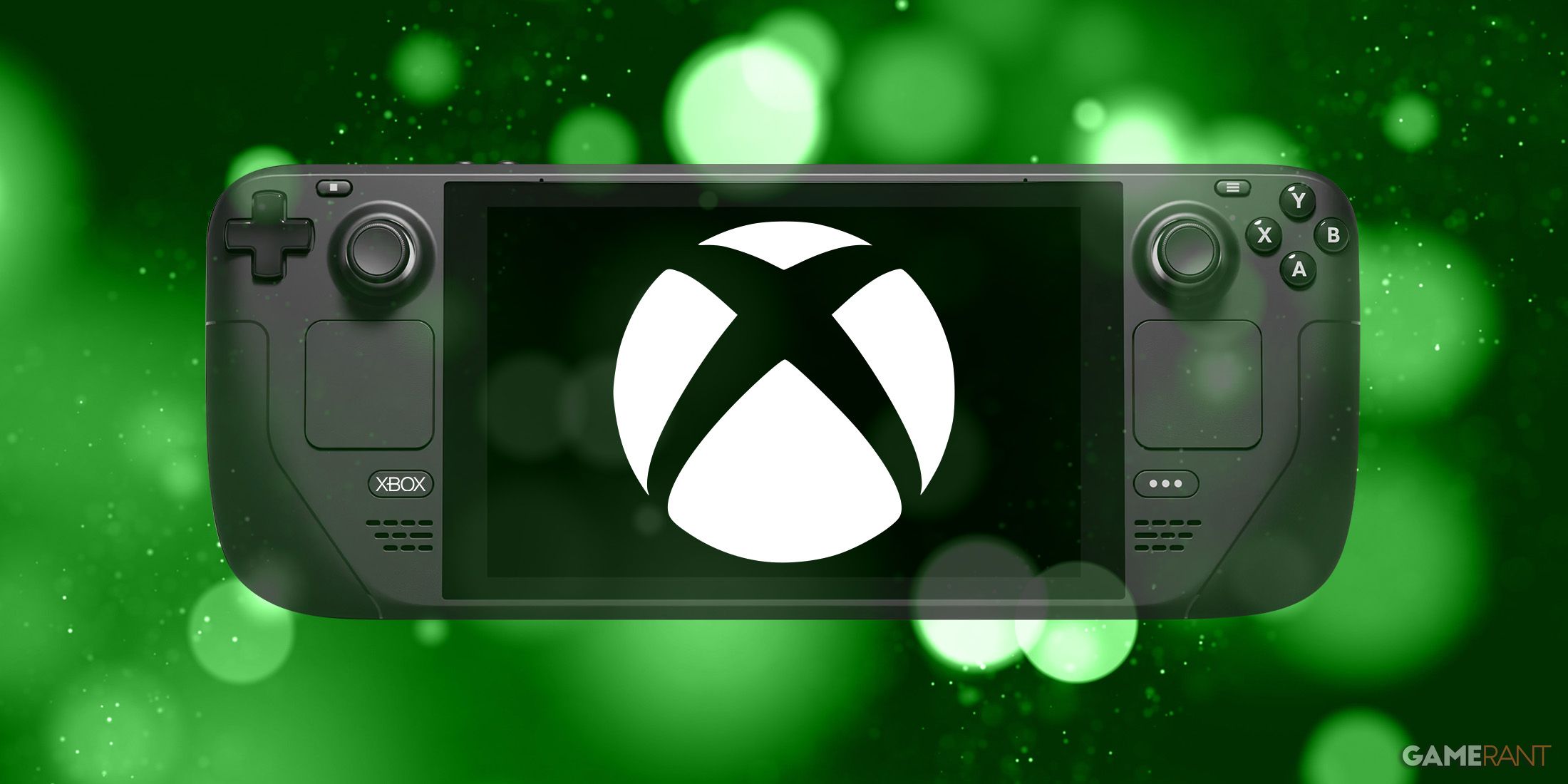 Steam Deck as Xbox handheld console mockup composite green bokeh
