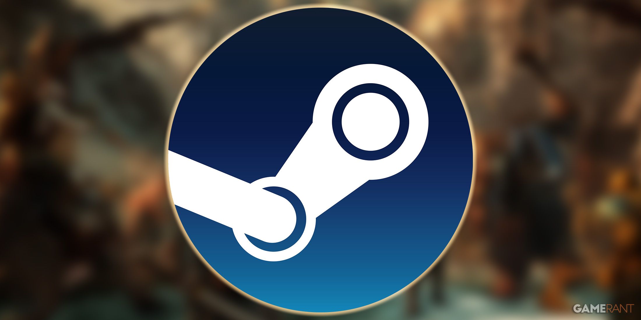 Steam logo with brown outer glow on blured Middle-earth Shadow of War promo screenshot