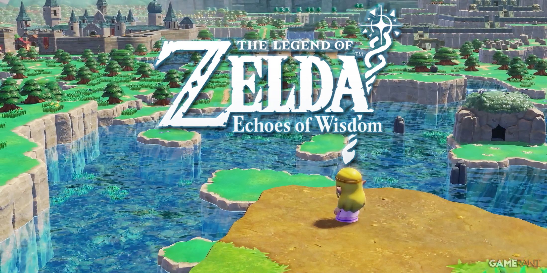 The Legend of Zelda Echoes of Wisdom Hyrule landscape reveal trailer screenshot with white game logo