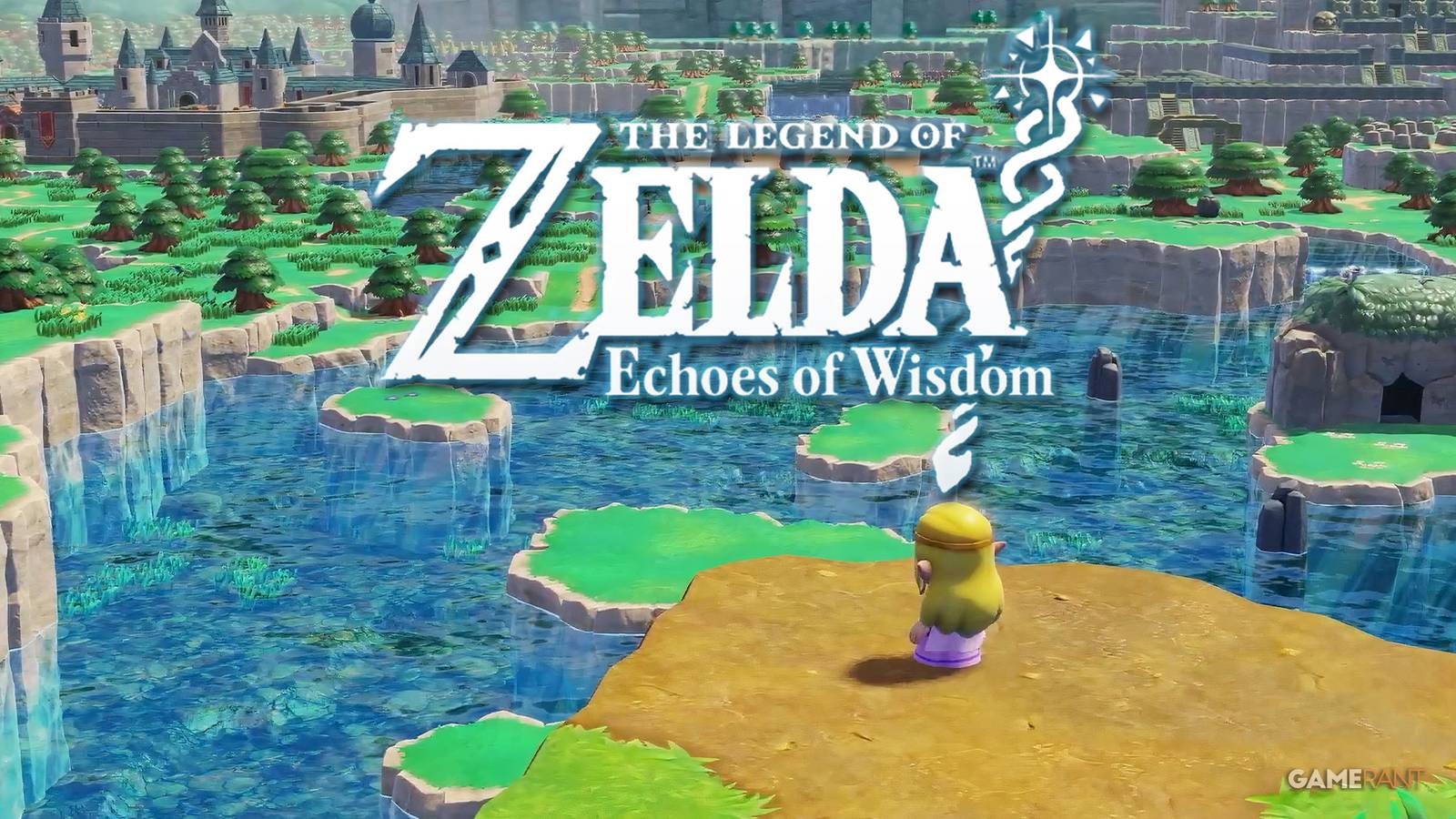 The Legend of Zelda Echoes of Wisdom Hyrule landscape reveal trailer screenshot with white game logo