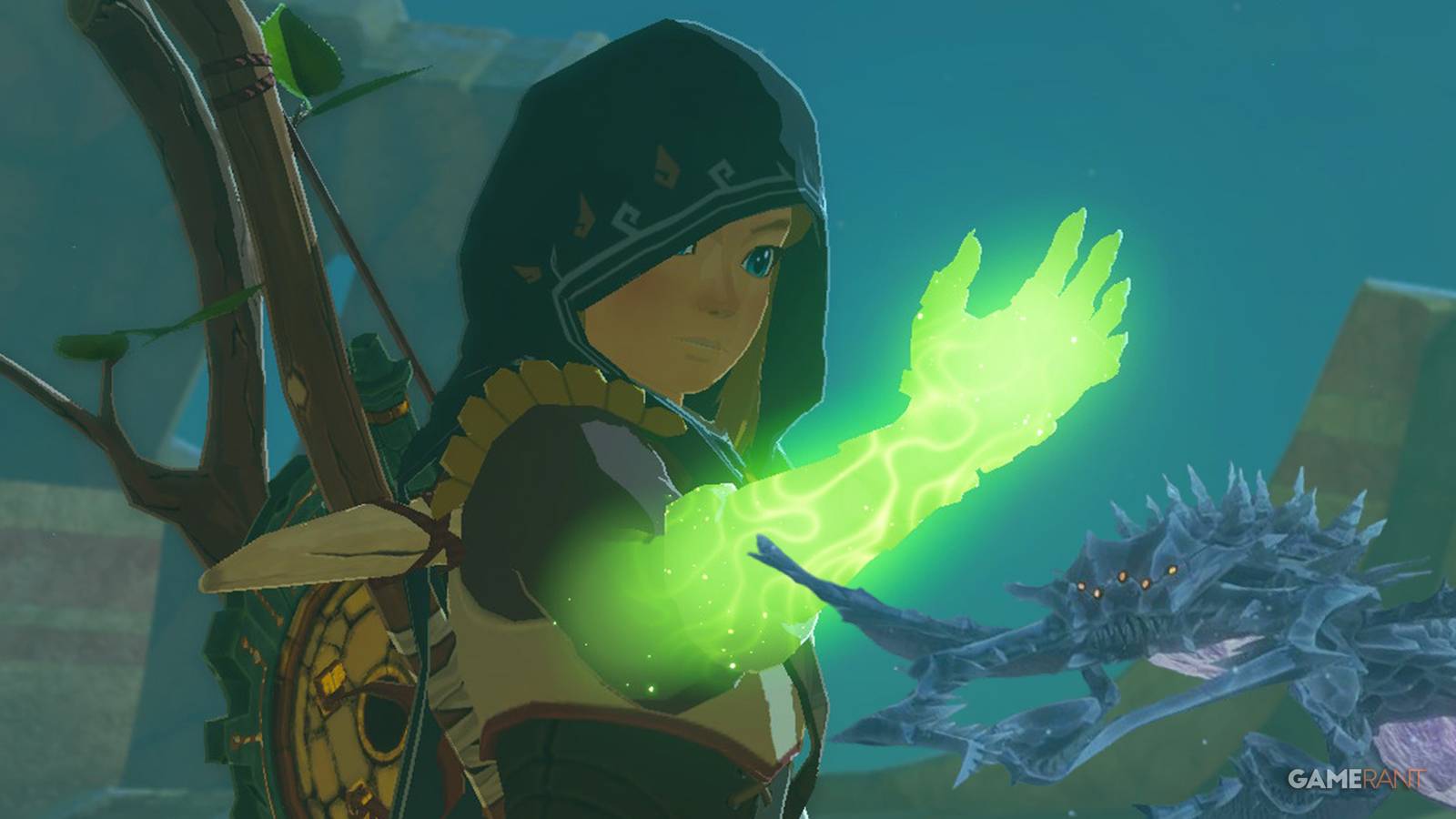 The Legend of Zelda Tears of the Kingdom TOTK Link next to Colgera composite