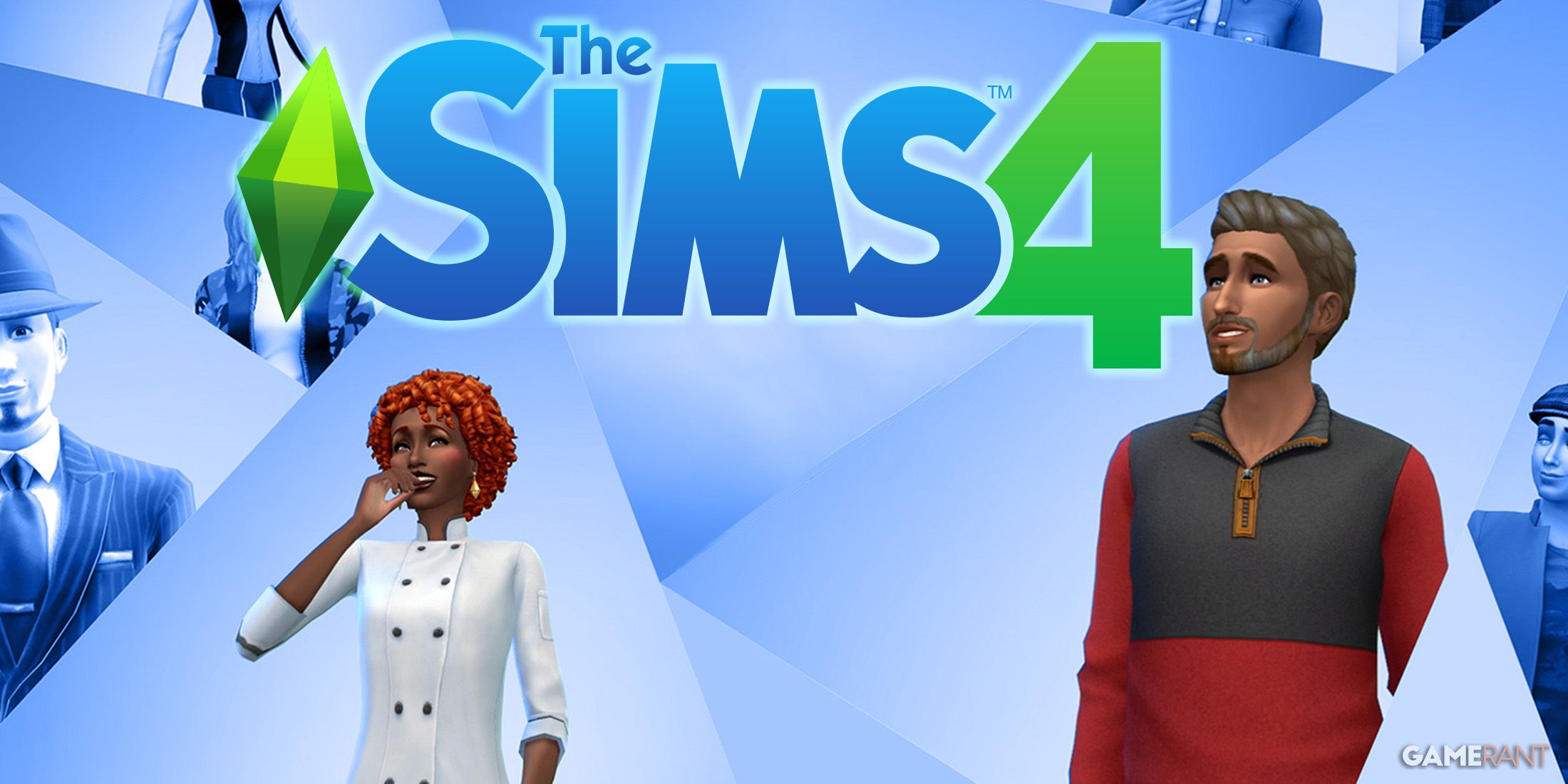 The Sims 4 characters next to glowing game logo blue background
