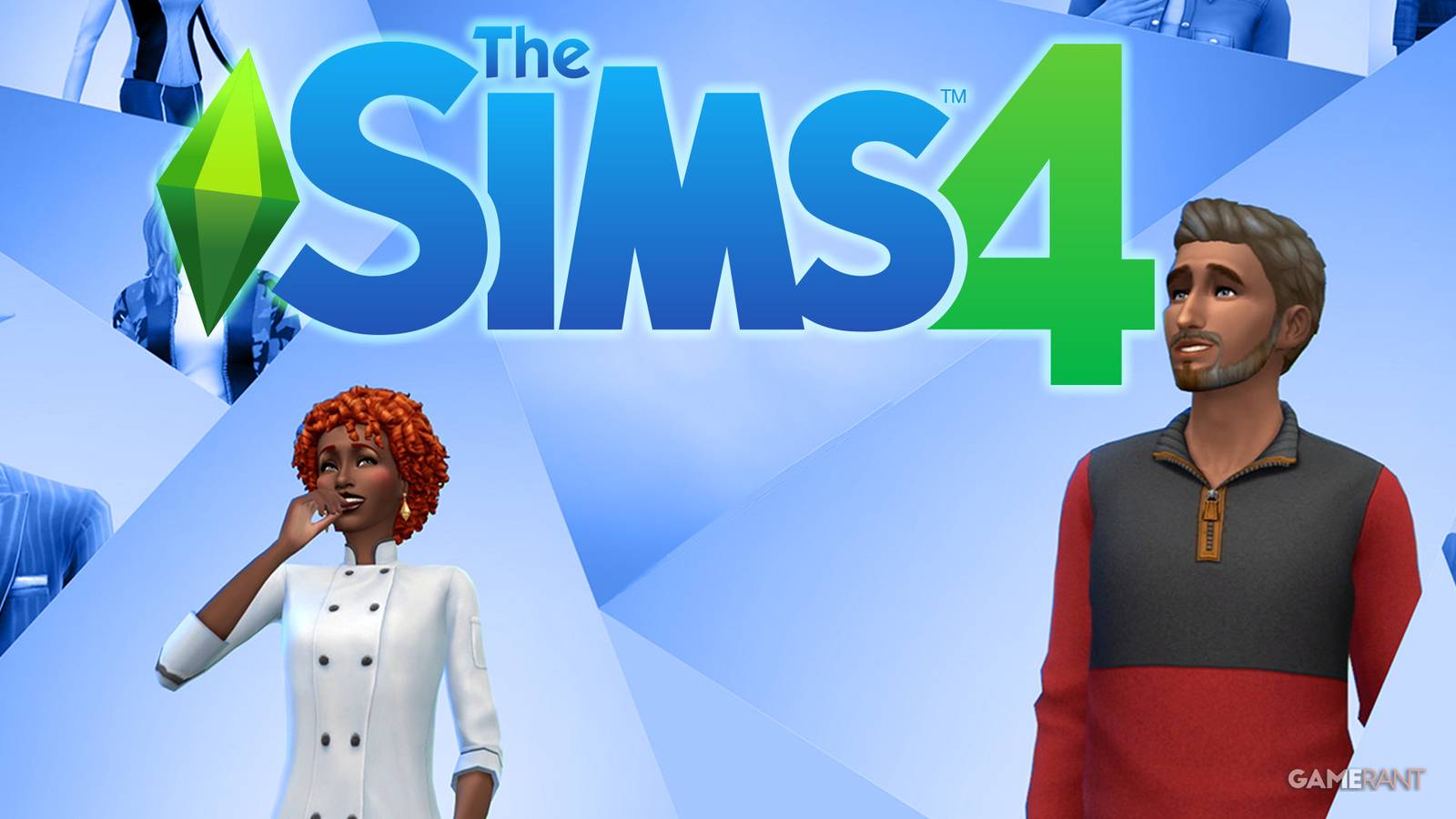 The Sims 4 characters next to glowing game logo blue background