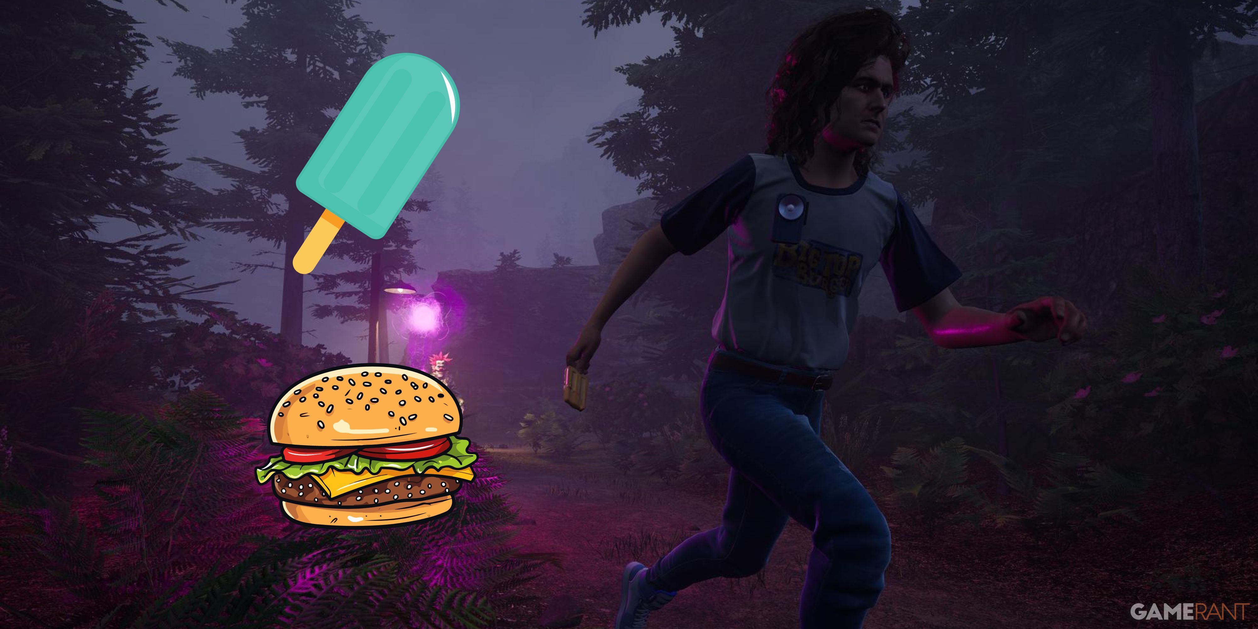 A human running alongside a burger and popsicle