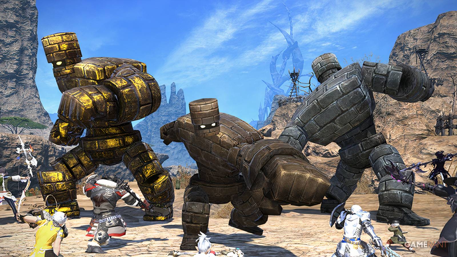 promotional art from the breaking brick mountains event, depicting players fighting brick golems