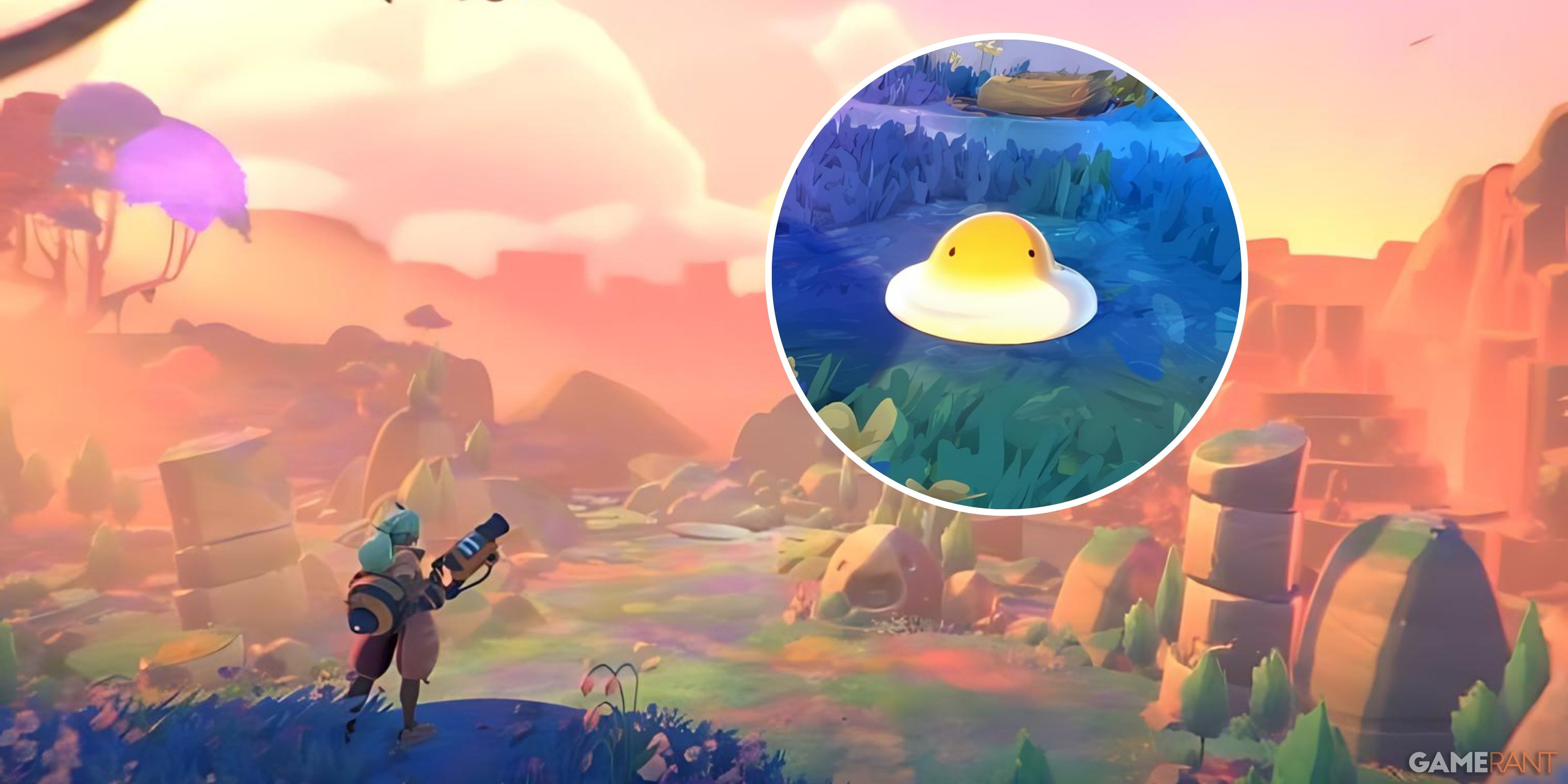 a yolky slime blown up and overlaid over an image from the game's promotional art
