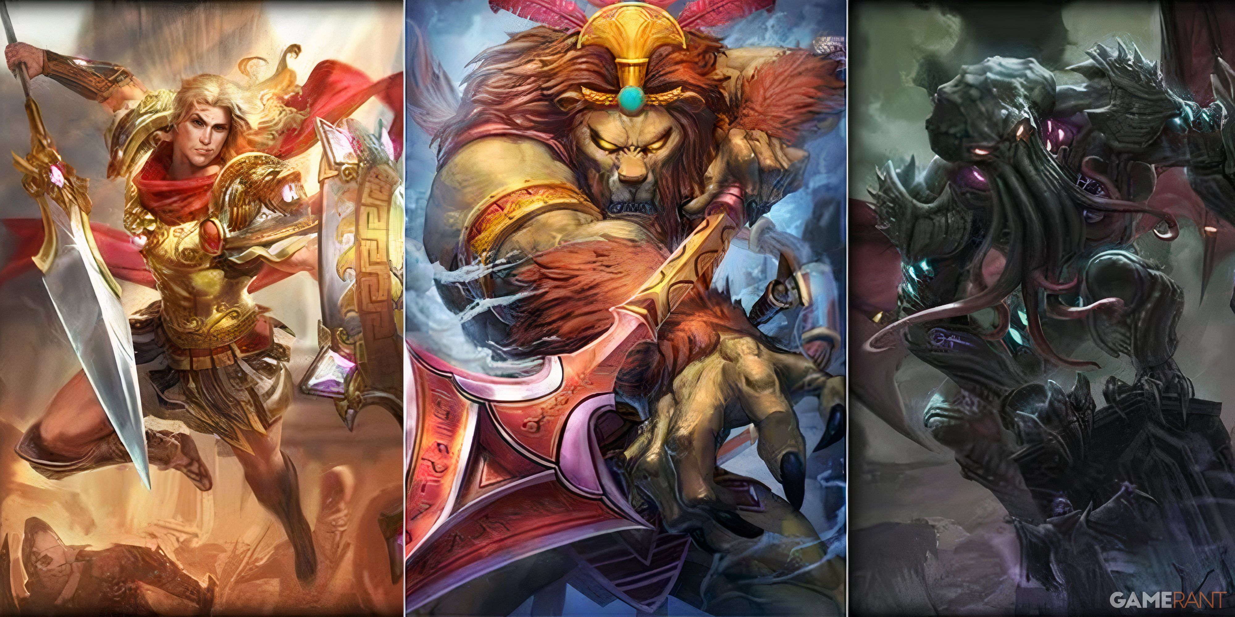 art for achilles, Anhur, and Cthullu from Smite 