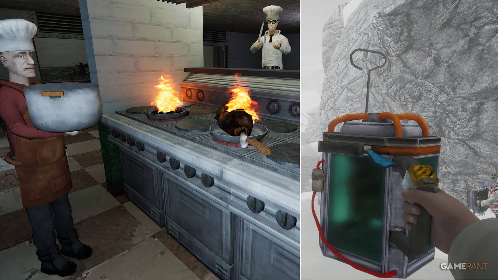 Two players cooking in a professional kitchen alongside a soup mug