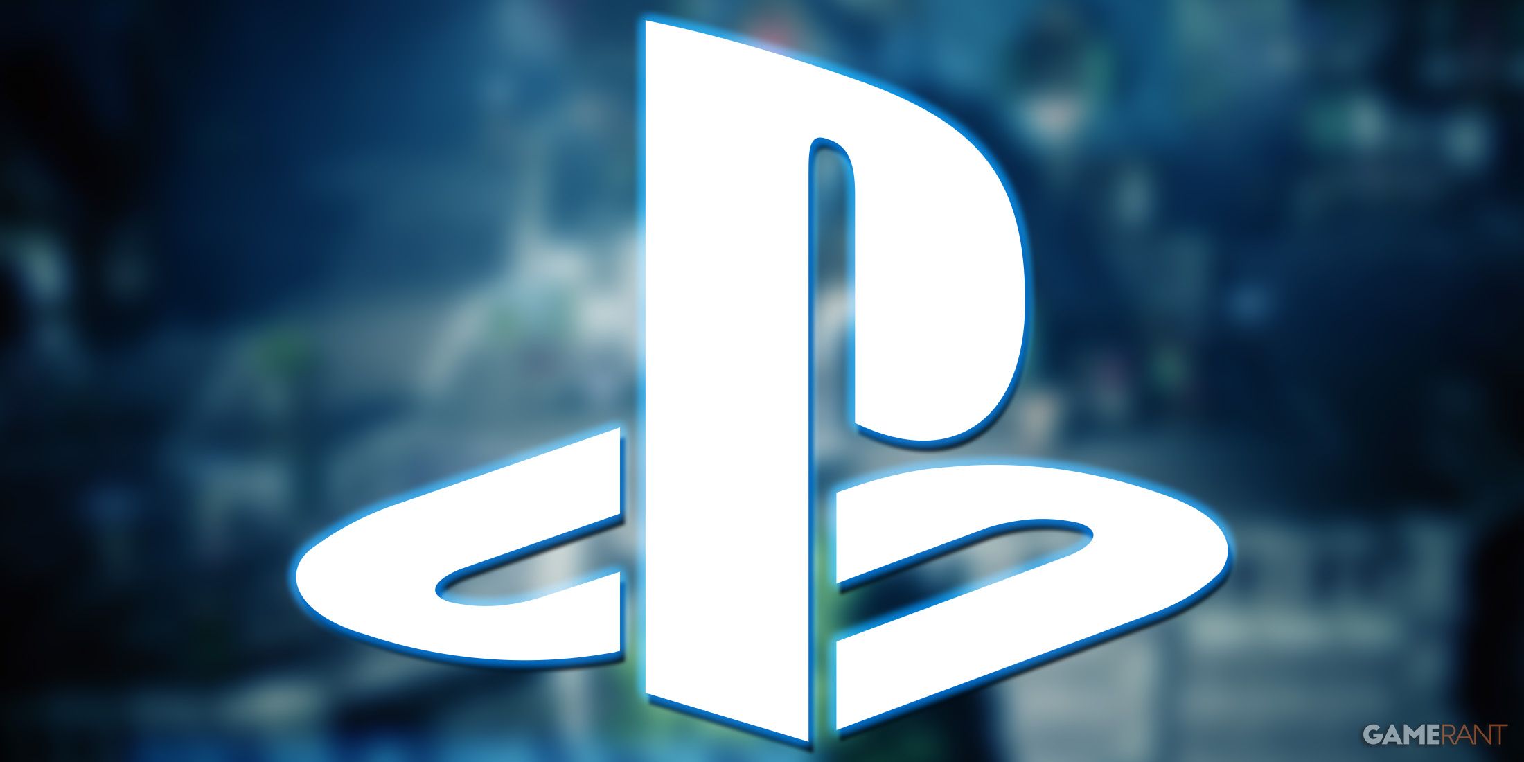 White PlayStation logo emblem submark with blue outer glow on blurred Octopath Traveler city street promo screenshot
