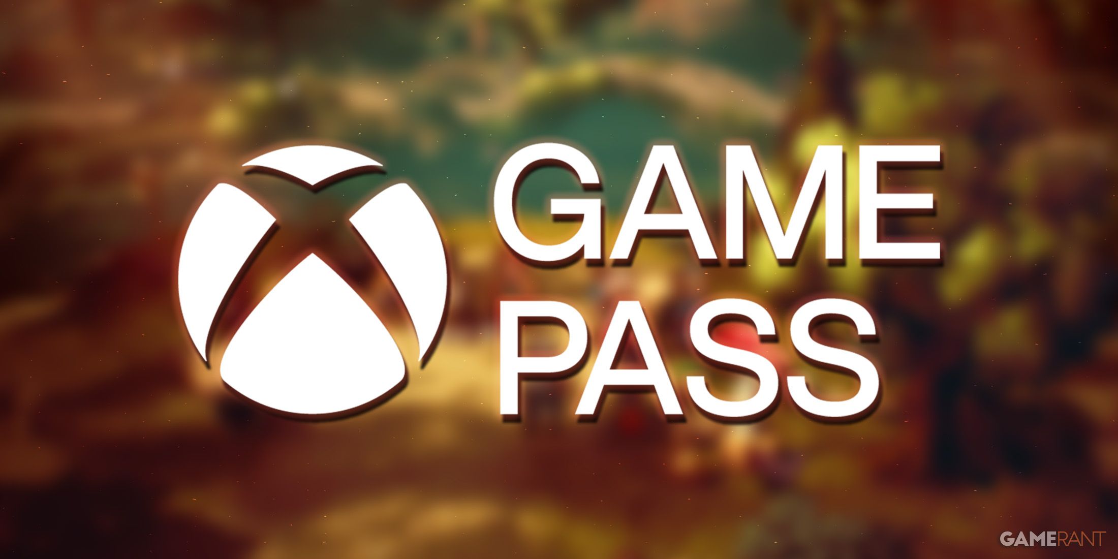 white Xbox Game Pass logo with brown outer glow on blurred Octopath Traveler 2 lake promo screenshot