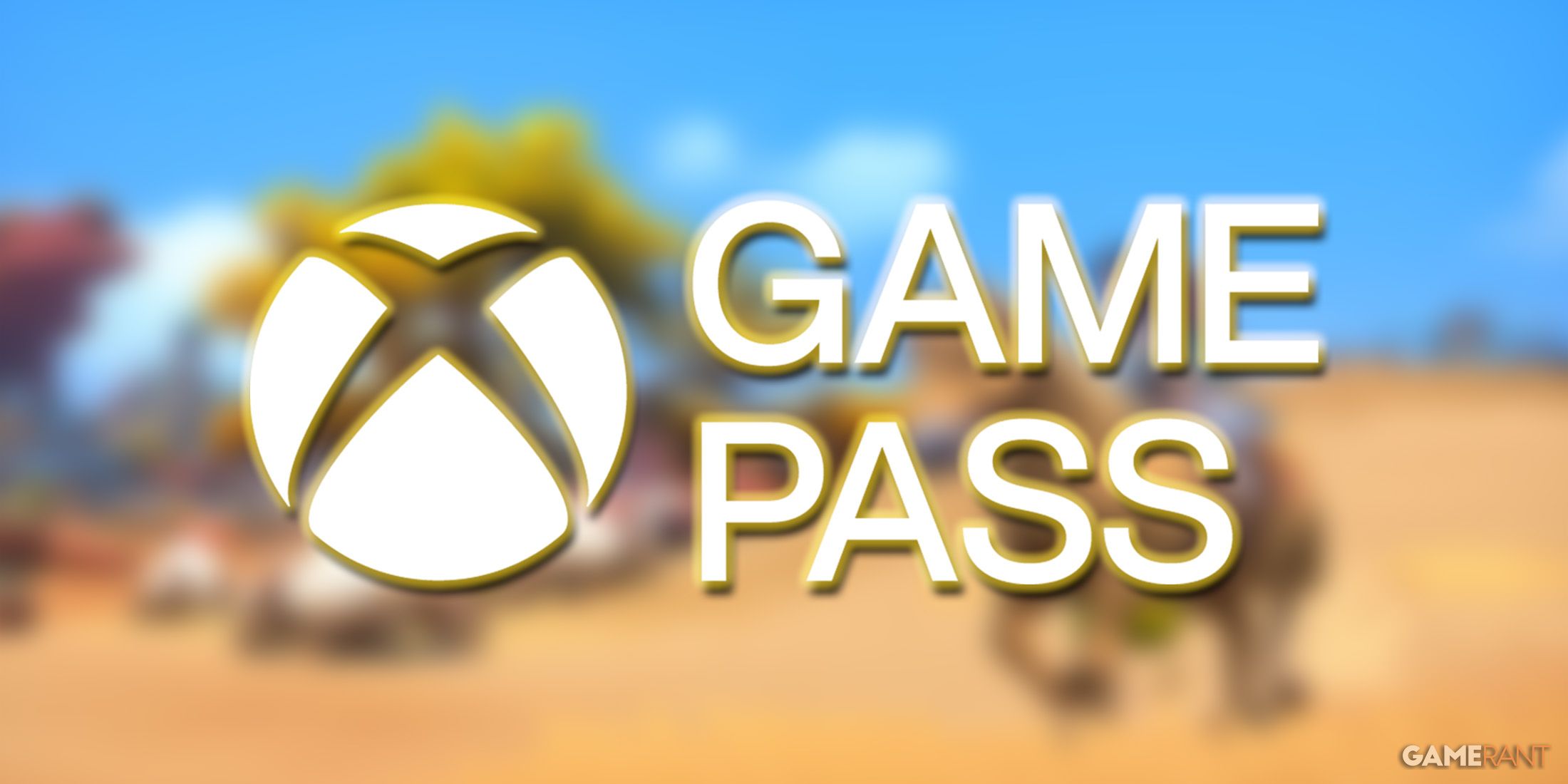 White Xbox Game Pass logo with dark yellow outer glow on blurred My Time at Sandrock savanna horse riding screenshot