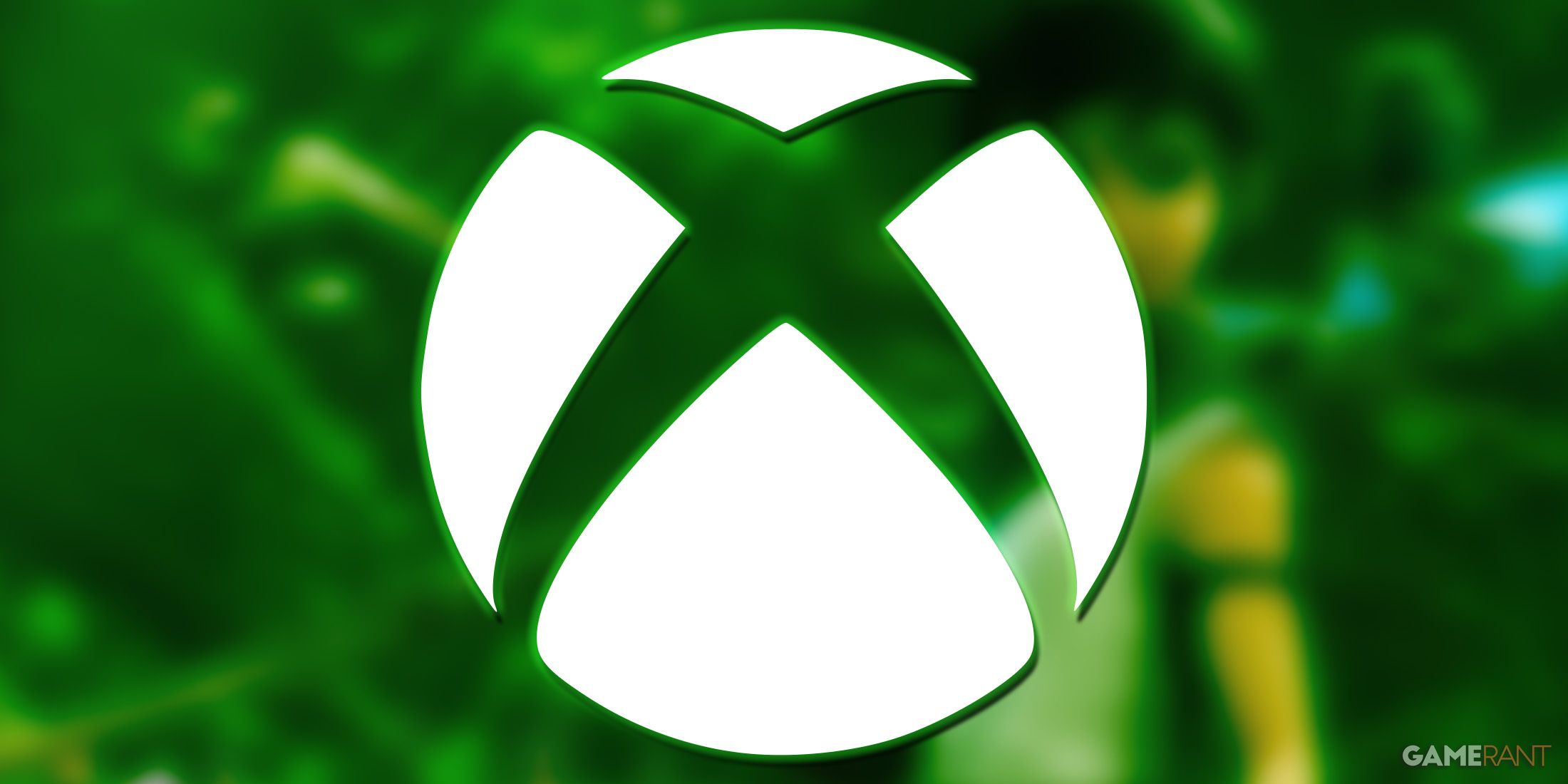 Xbox logo submark emblem on blurred and green-tinted Kena Bridge of Spirits promo screenshot