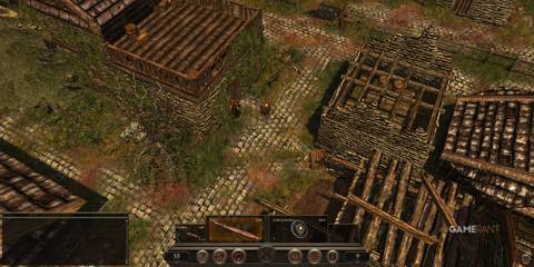 Aerial view of a village in The Age of Decadence, with isometric details and interface