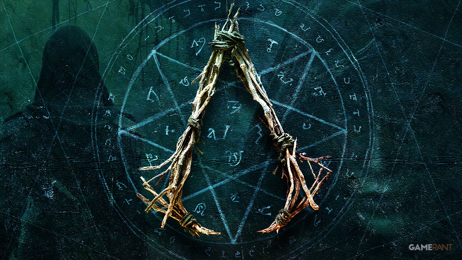 Assassin's Creed Hexe logo with horror images