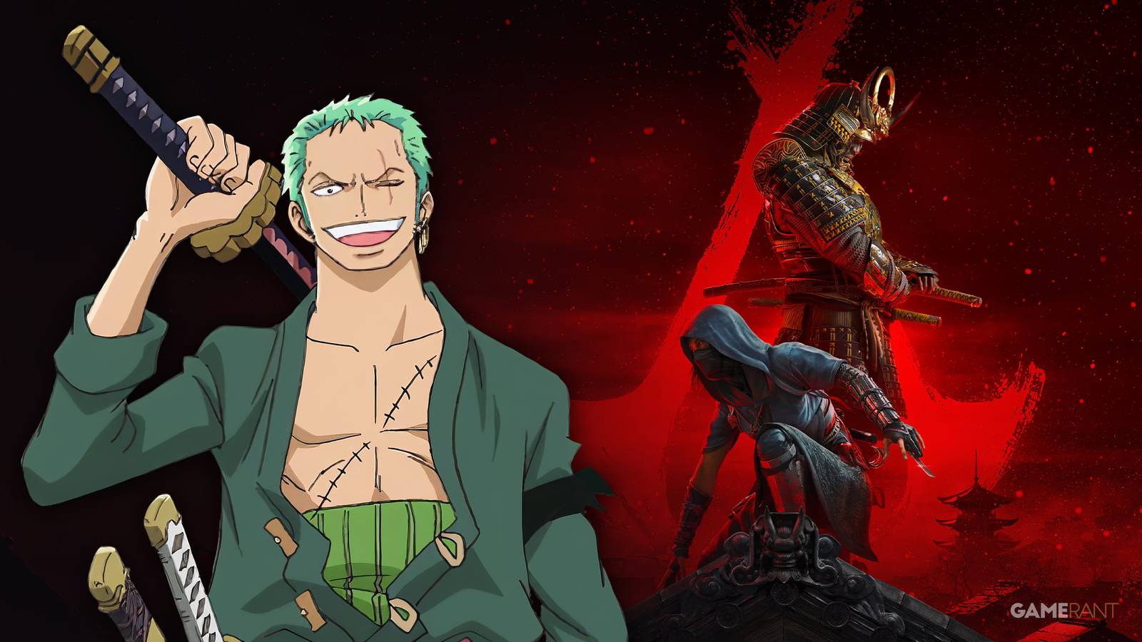 Assassin's Creed Shadows and Roronoa Zoro from One Piece