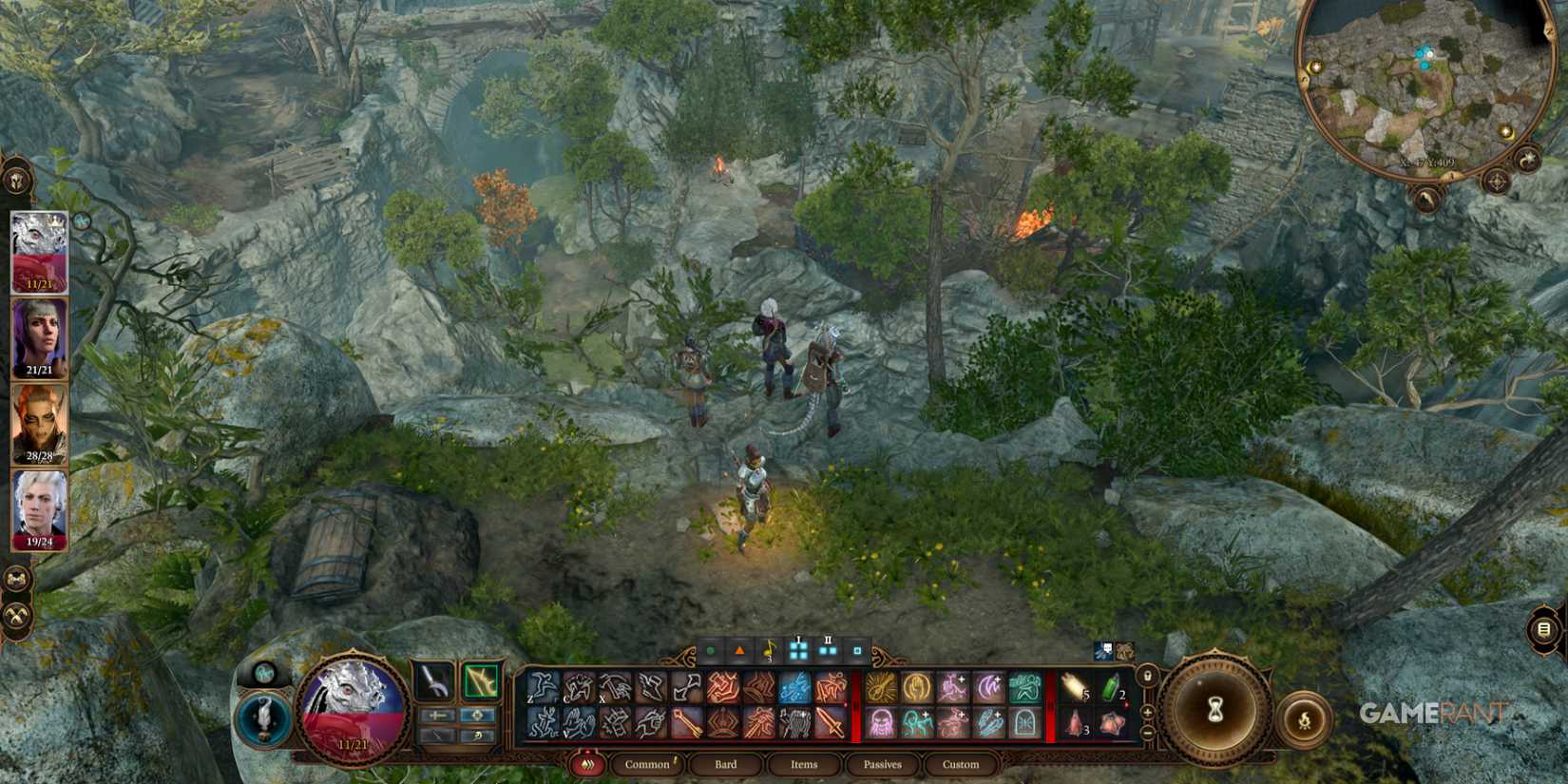 Astarion, Lae'Zel, Shadowheart and Dragonborn protagonist looking to Goblin Camp in Baldur's Gate 3