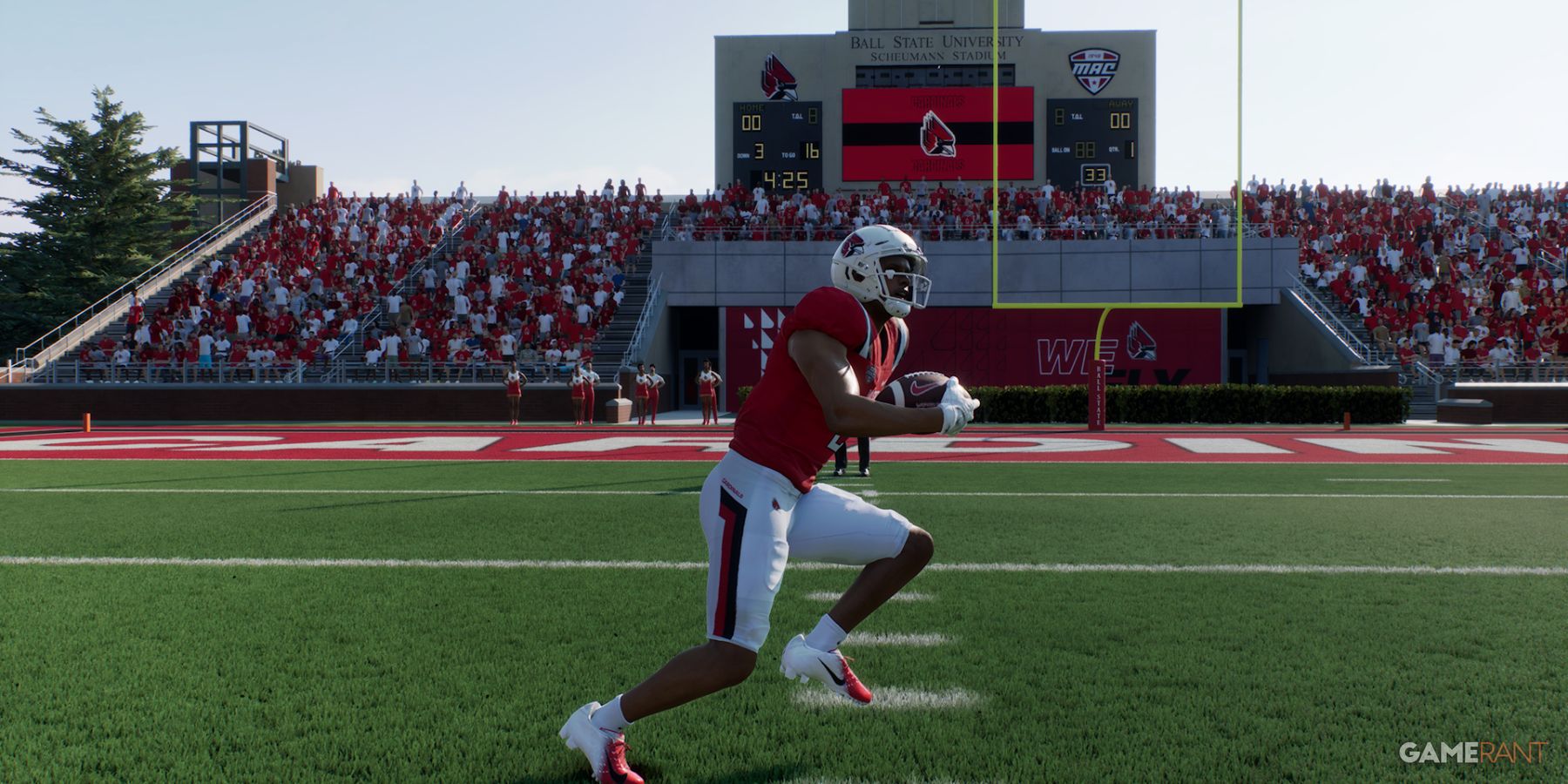 Ball State player running with the ball during a game in College Football 25