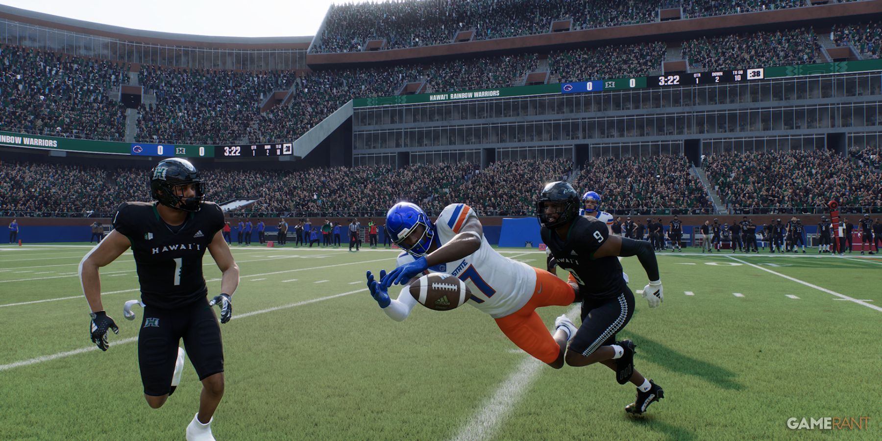 Boise State player diving for a touchdown in College Football 25