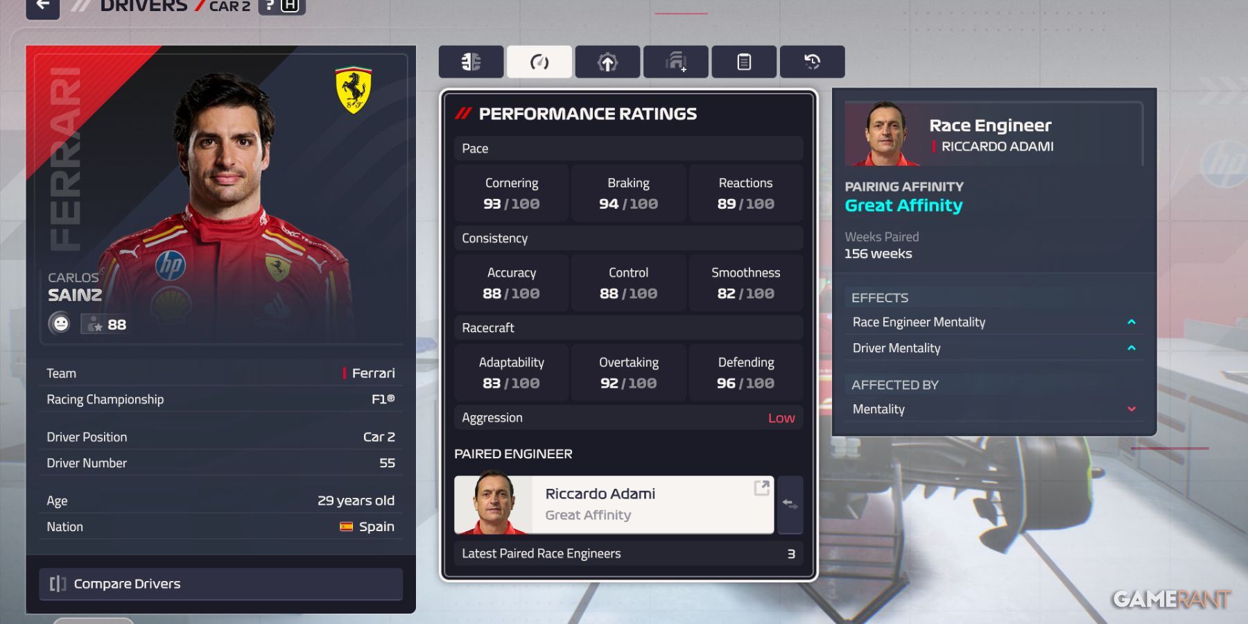 Carlos Sainz's performance ratings and pairing affinity with Riccardo Adami in F1 Manager 24