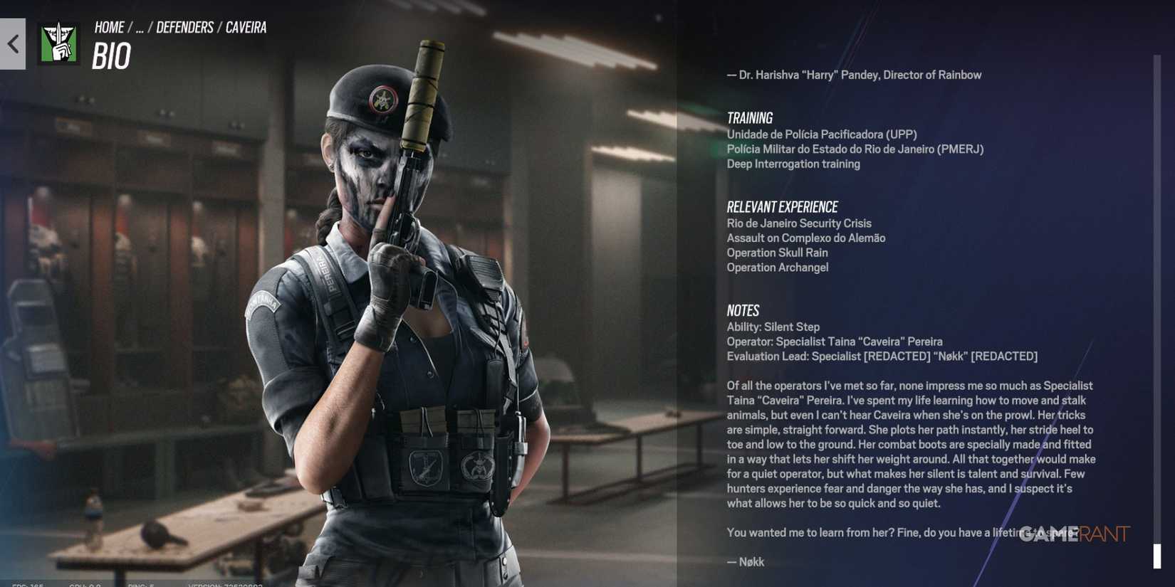 Caveira screen in Rainbow Six Siege