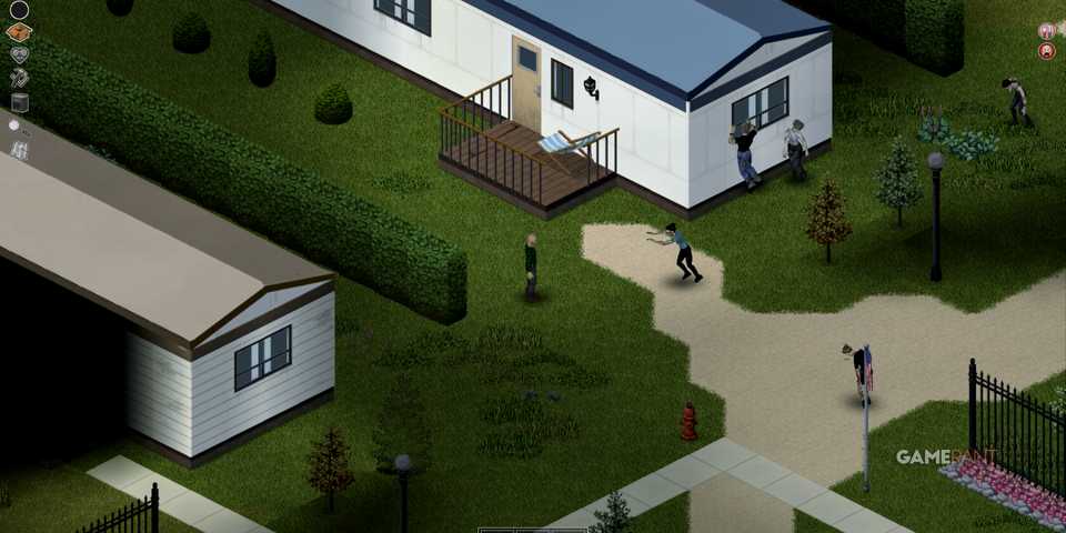 Character exploring trailer park while zombies approach in Project Zomboid