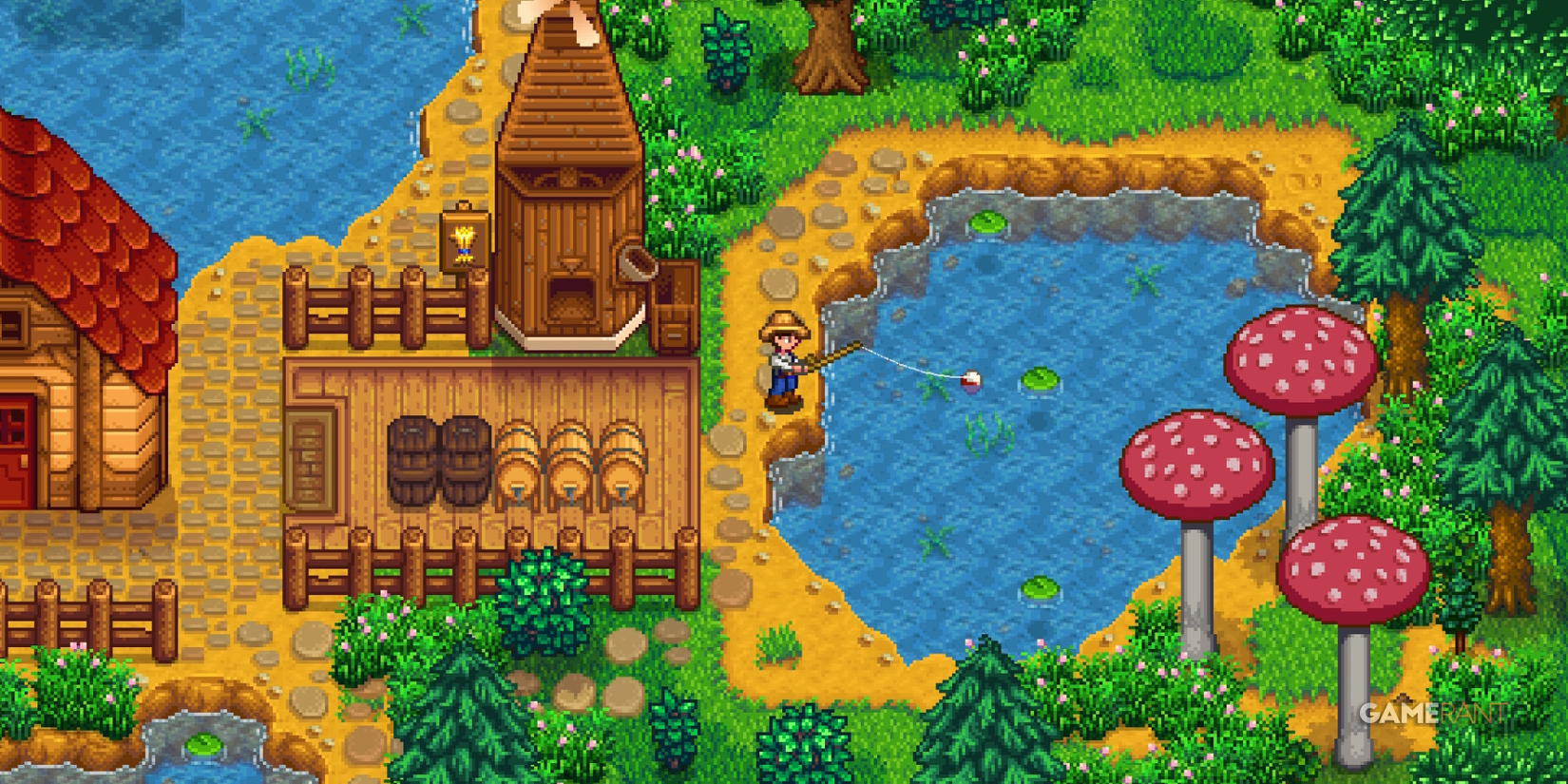 Character fishing on a farm in Stardew Valley
